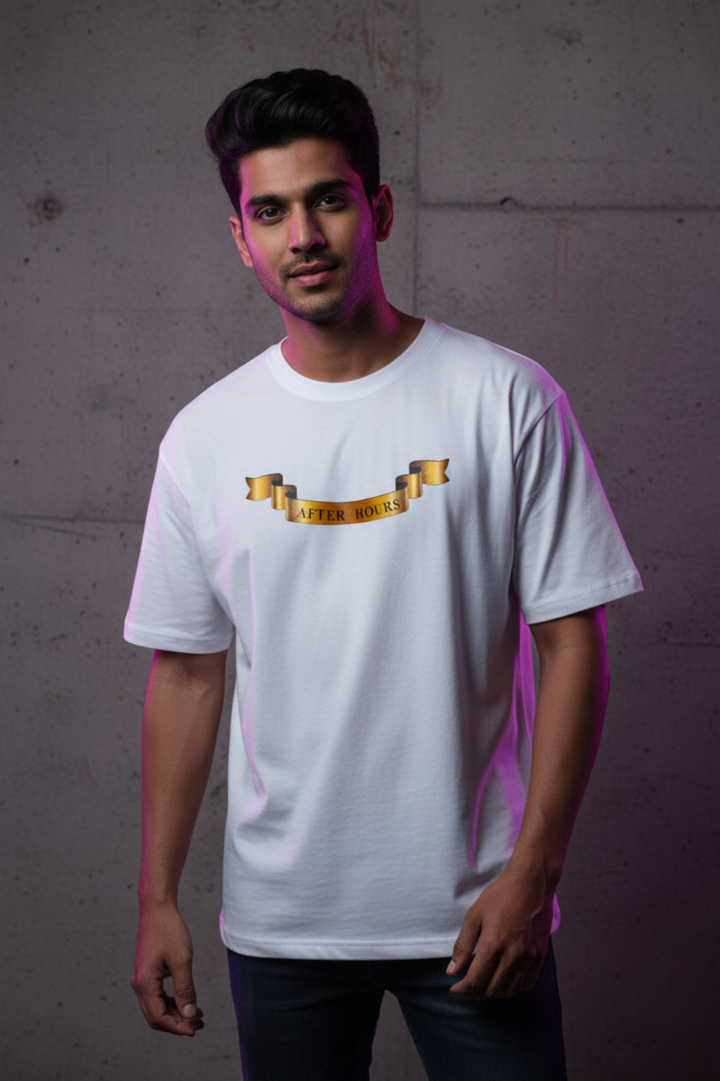 White t-shirt with gold text on a grey background