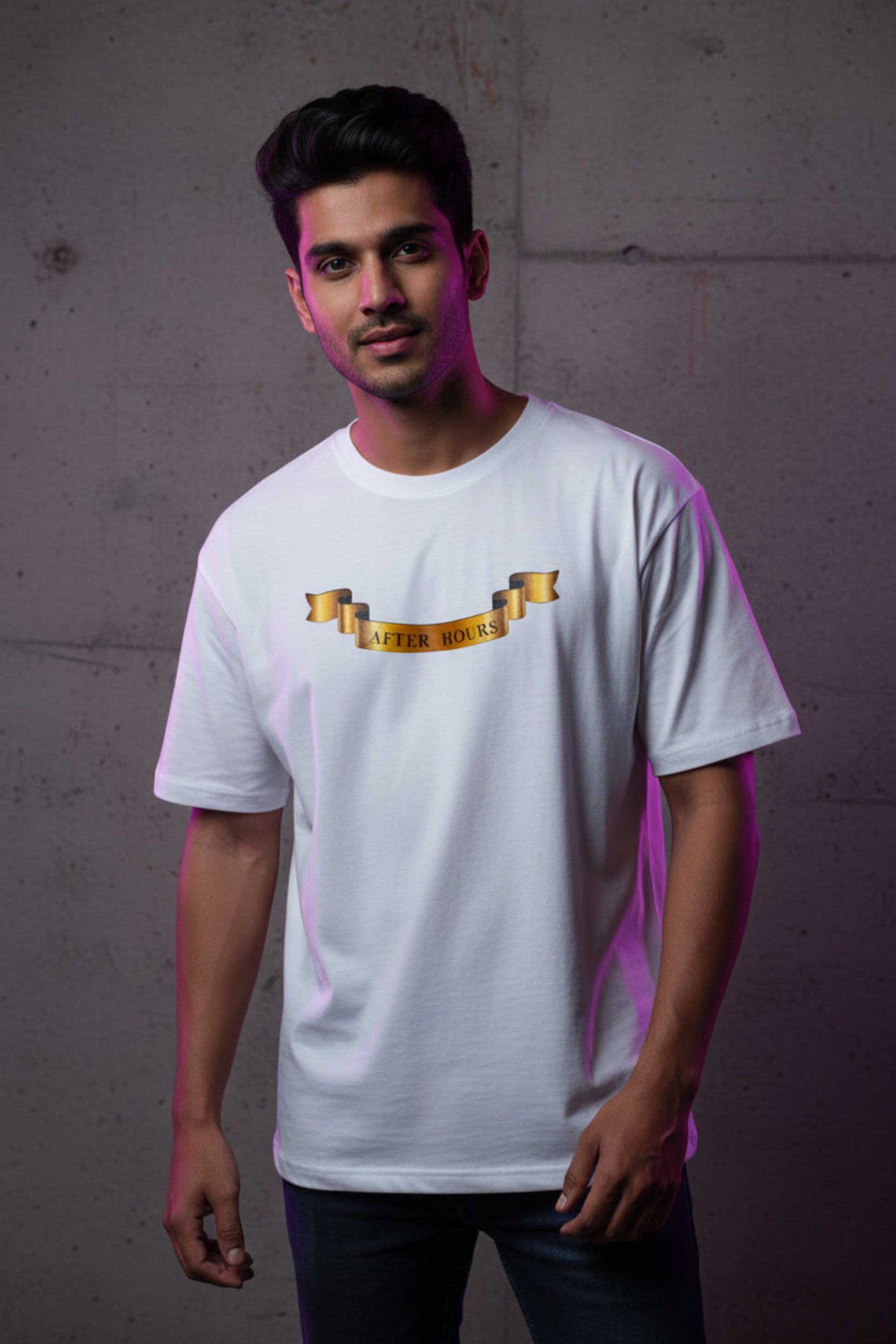 White t-shirt with gold text on a grey background