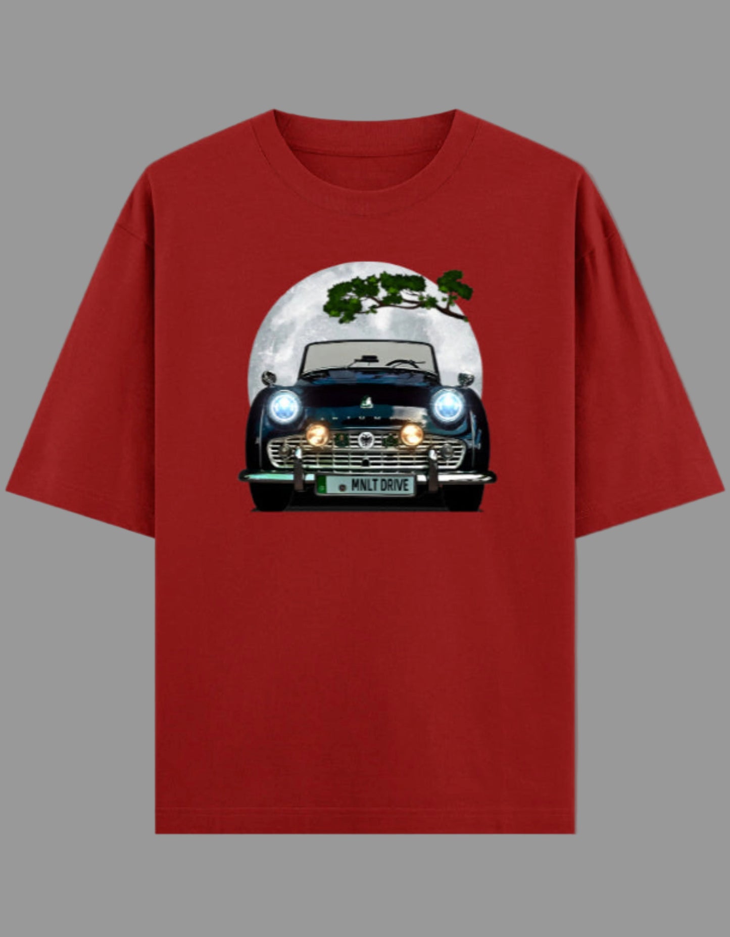 Red t-shirt with a graphic of a car on a gray background