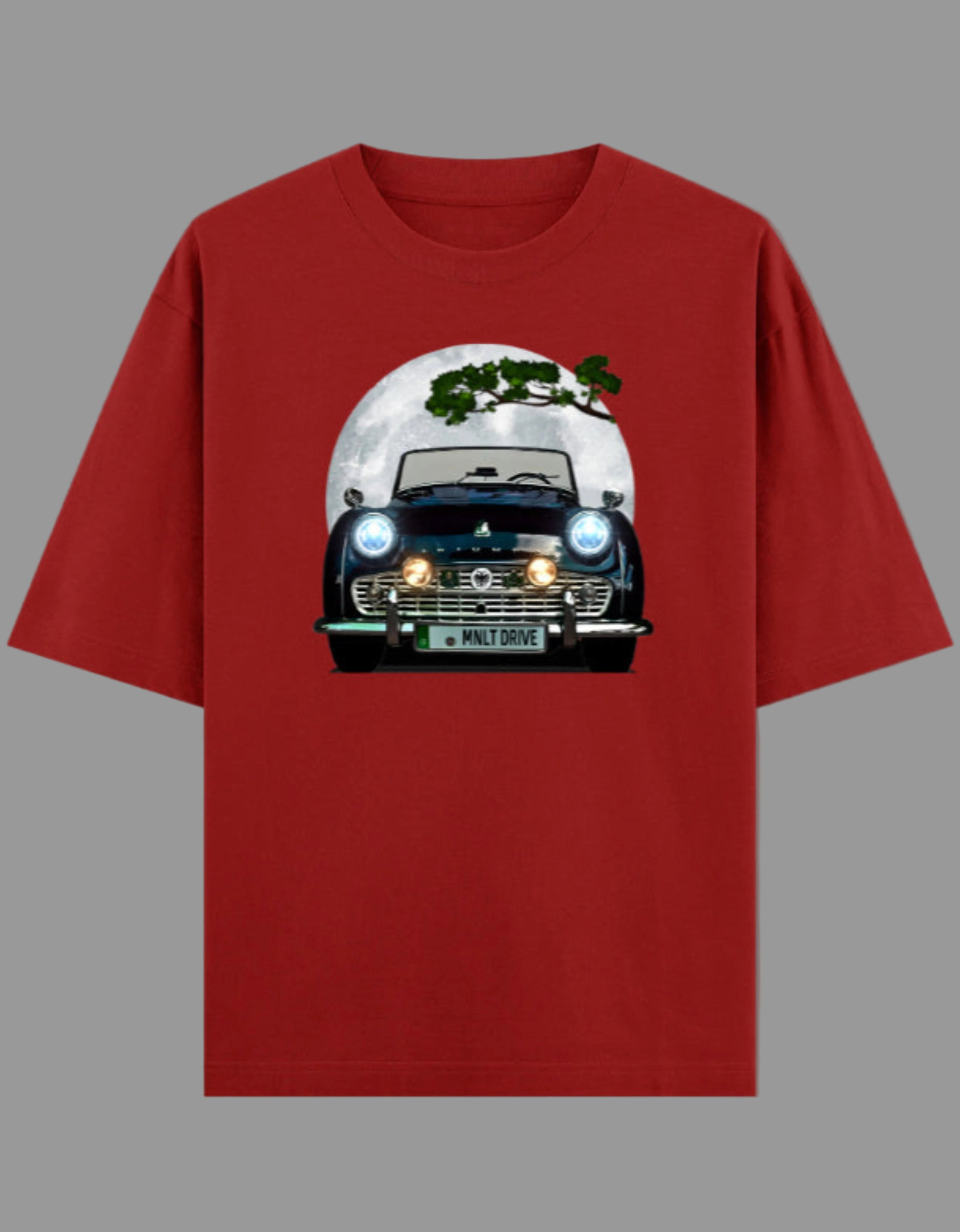 Red t-shirt with a graphic of a car on a gray background