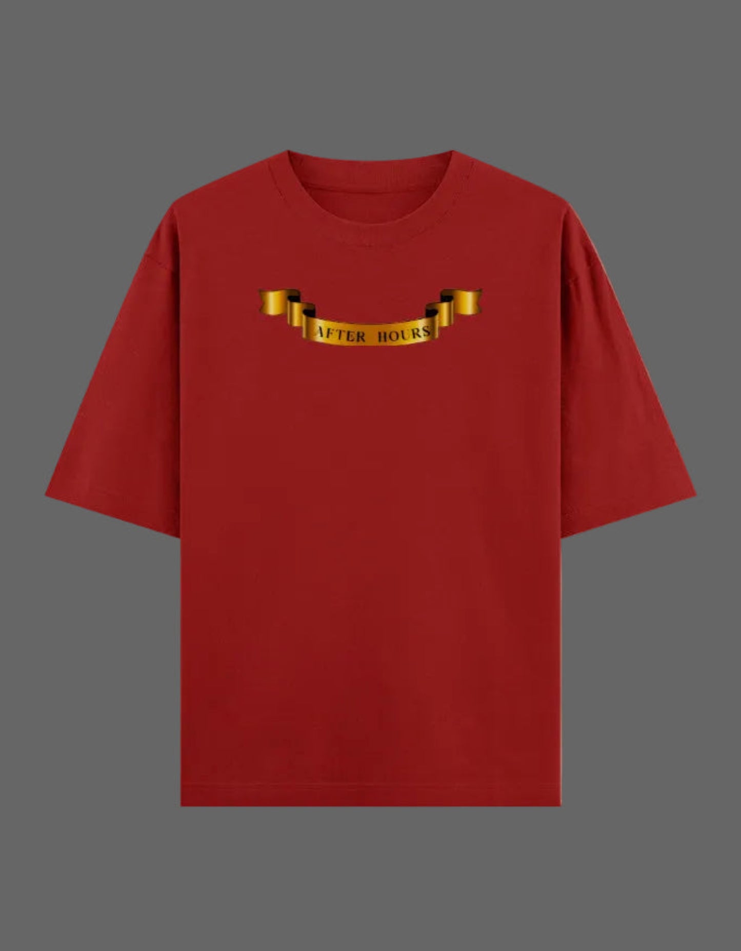 Red t-shirt with a gold banner on a grey background
