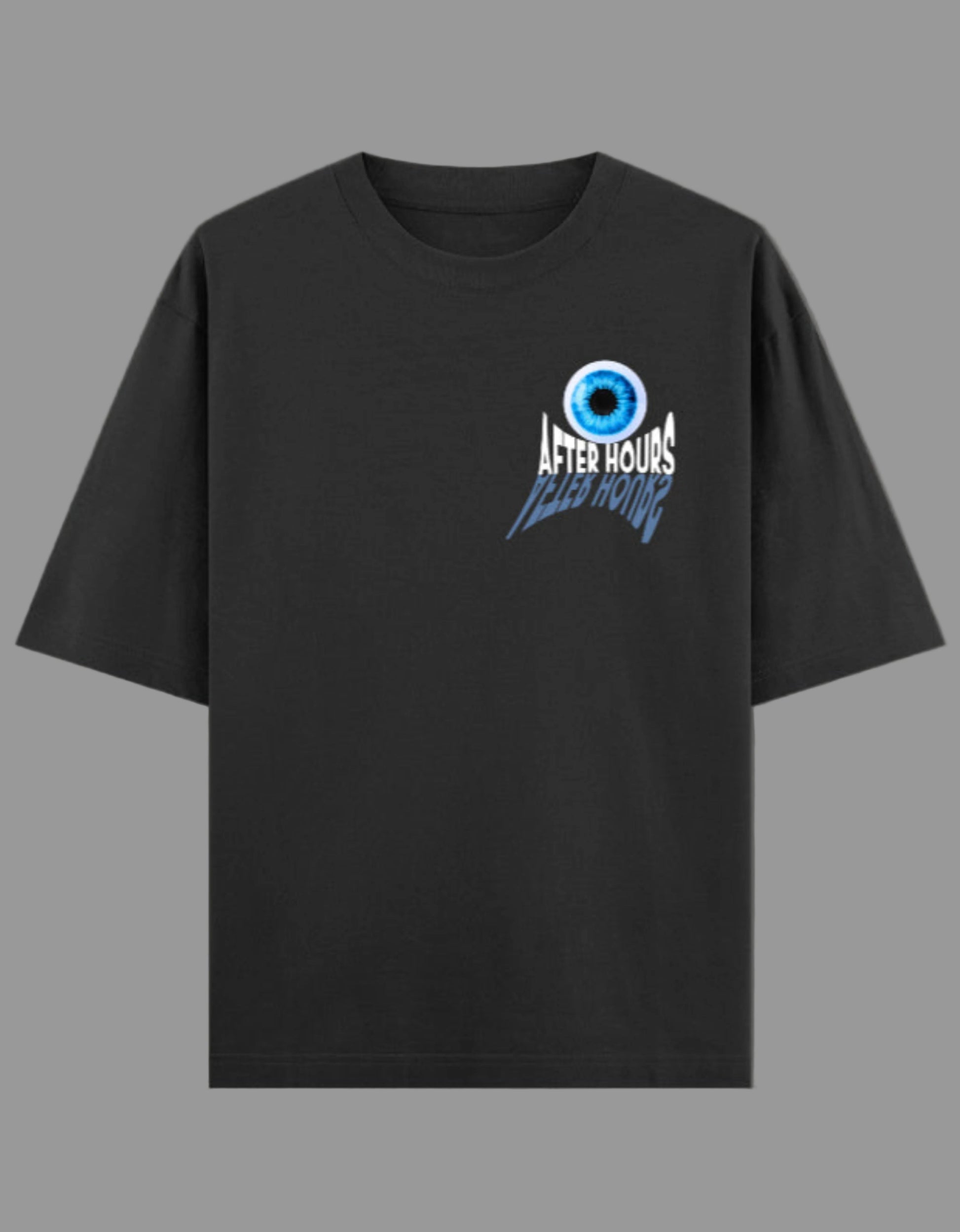 Black t-shirt with a logo on a gray background
