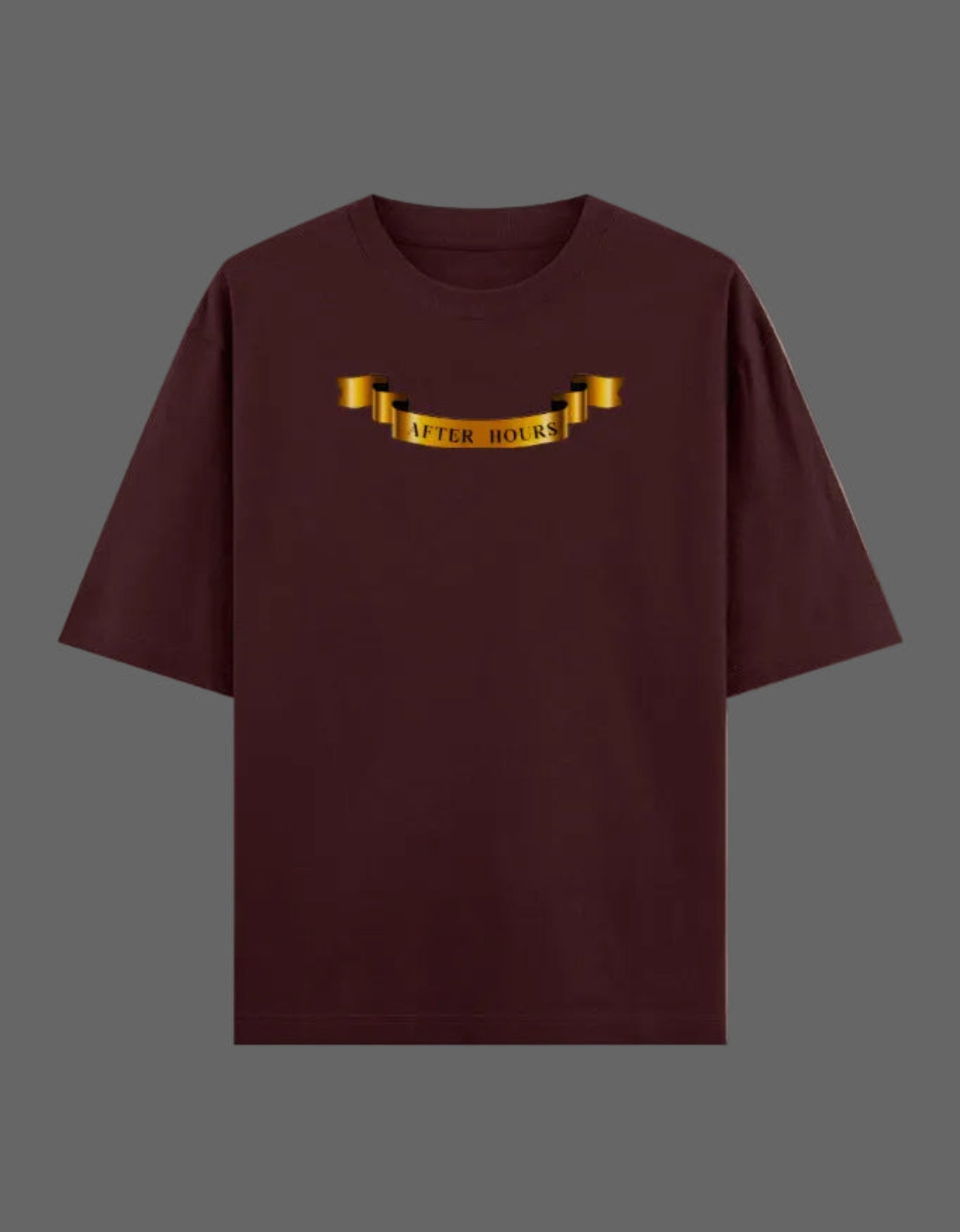 Maroon t-shirt with gold graphic on a grey background
