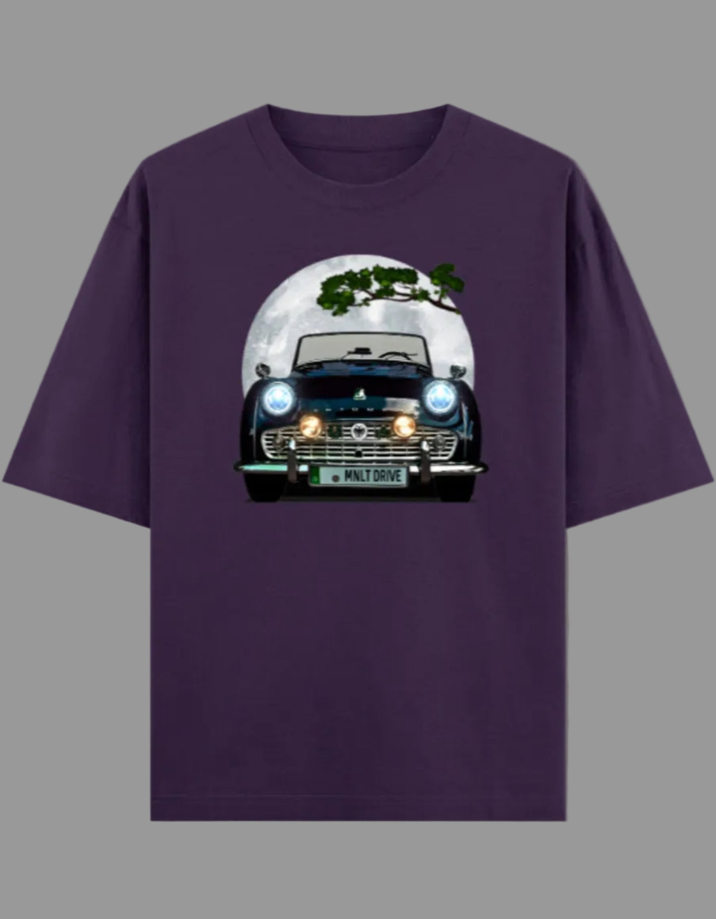 Purple t-shirt with a graphic of a vintage car on a gray background