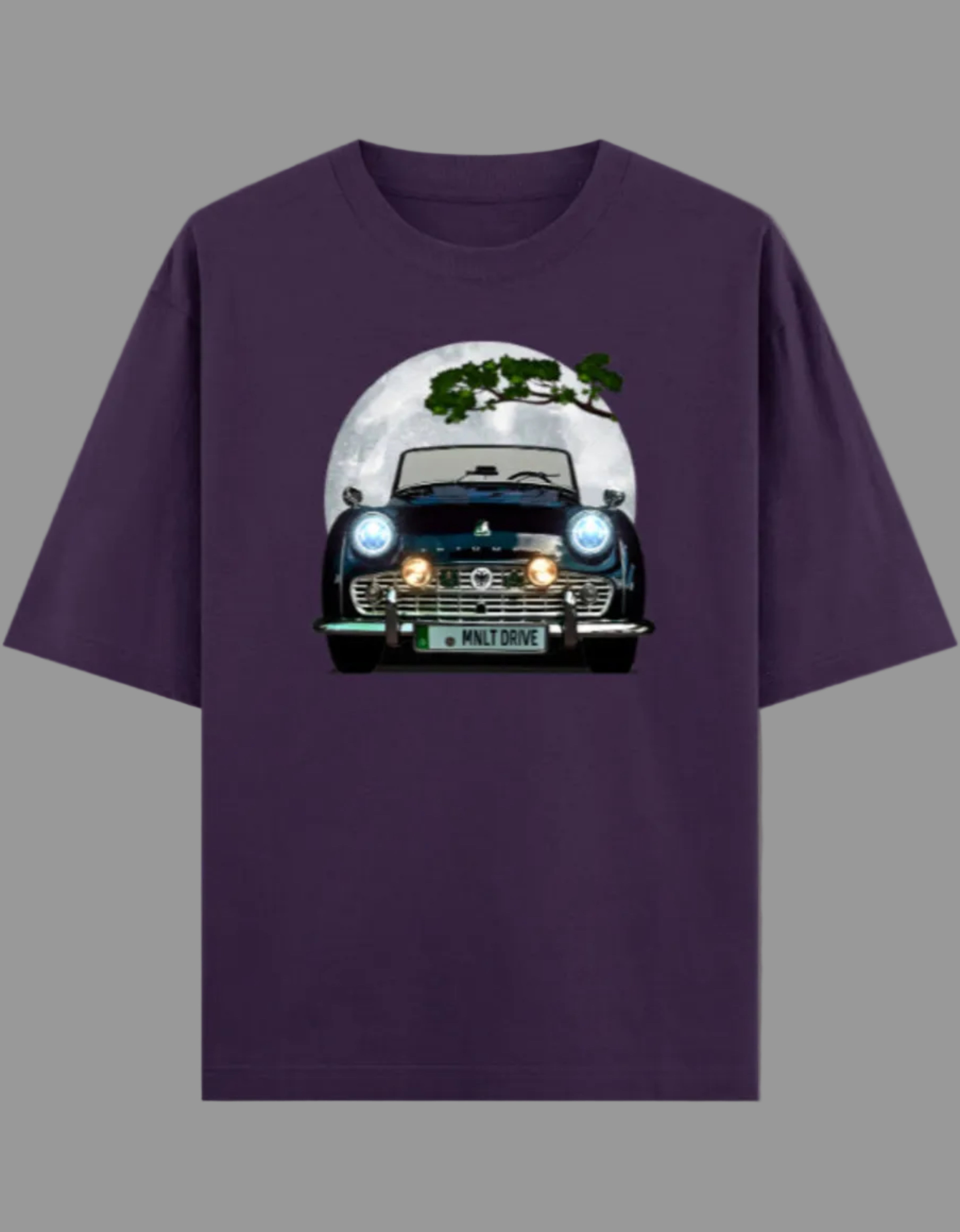 Purple t-shirt with a graphic of a vintage car on a gray background