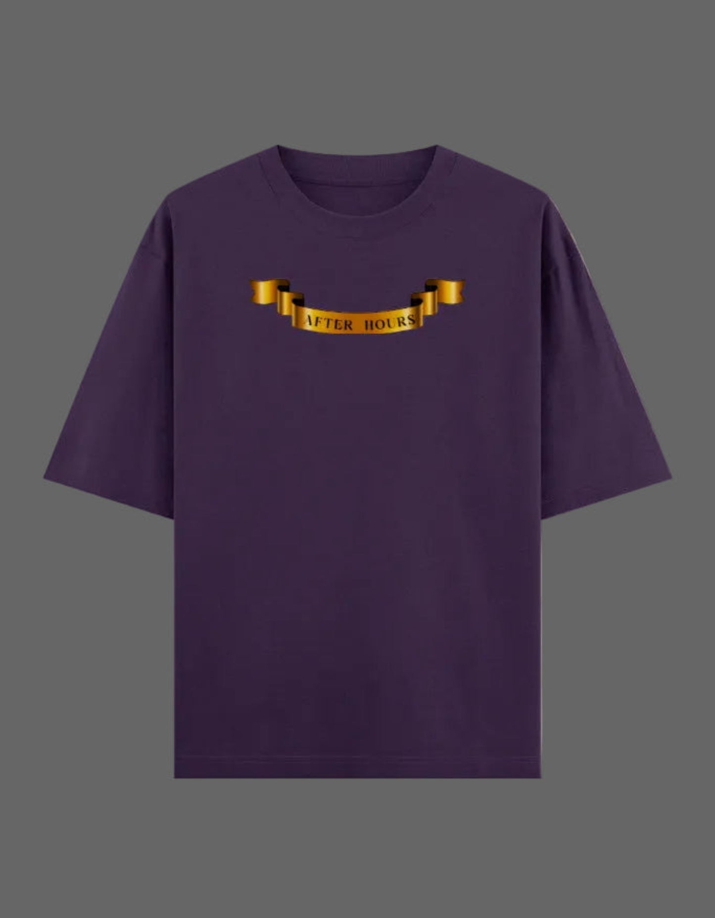 Purple t-shirt with gold banner on a grey background
