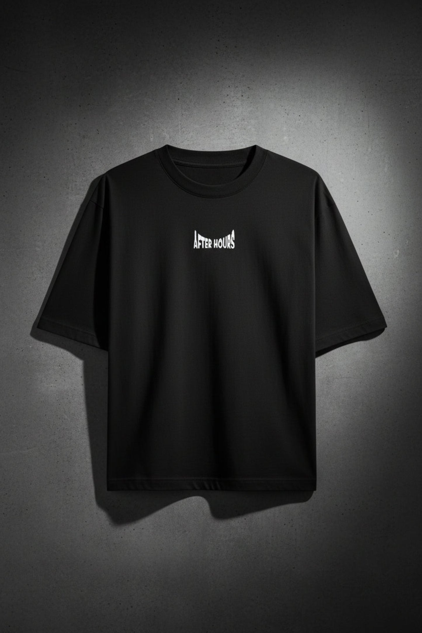 Black t-shirt with 'After Hours' text embroidered on a light gray background