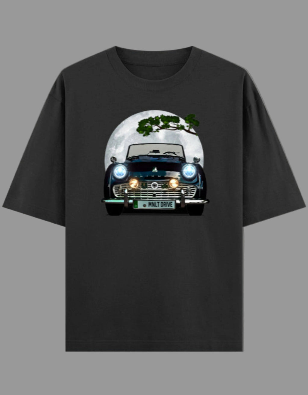 Black t-shirt with a graphic of a vintage car on a gray background