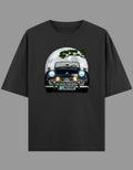 Black t-shirt with a graphic of a vintage car on a gray background