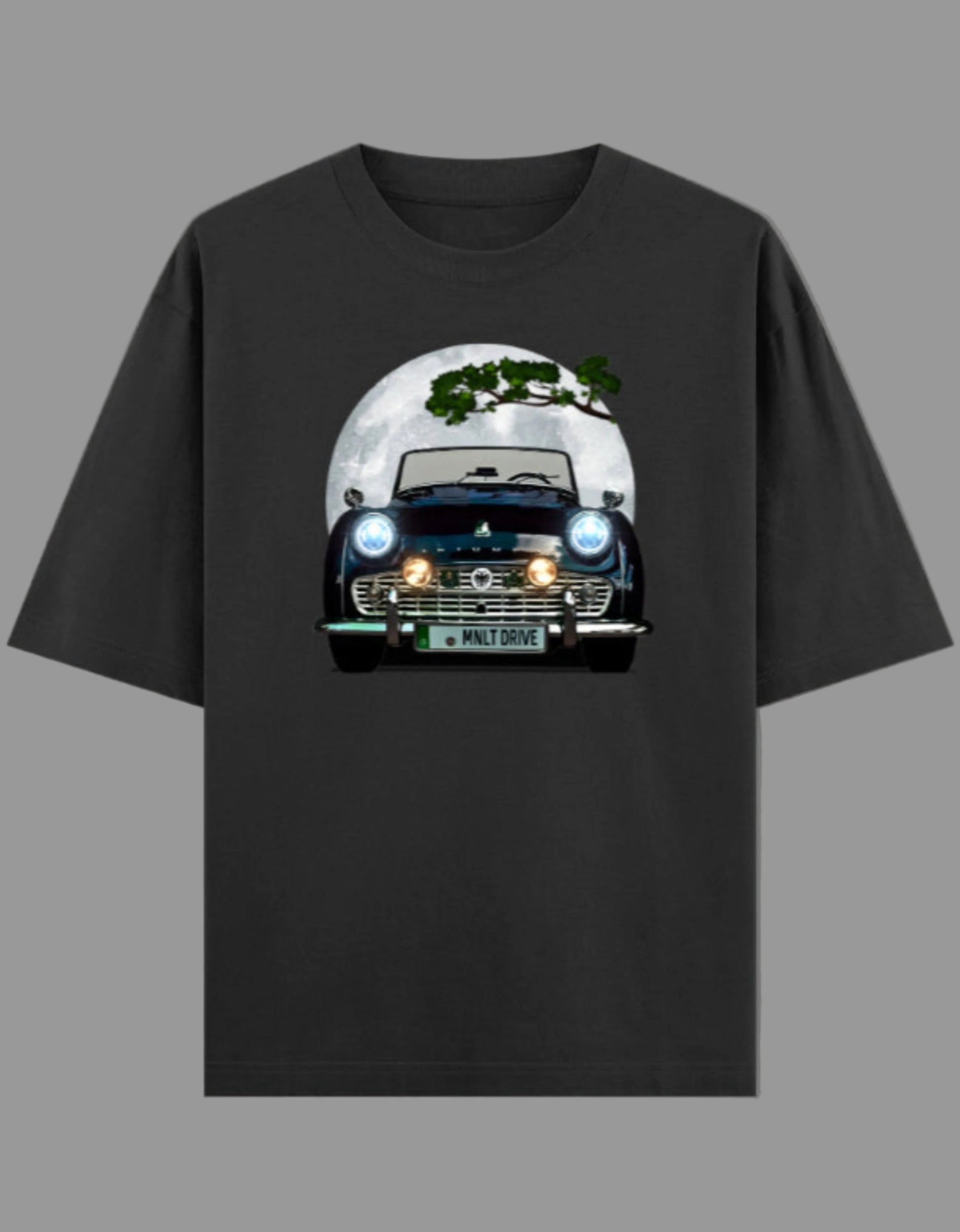 Black t-shirt with a graphic of a vintage car on a gray background