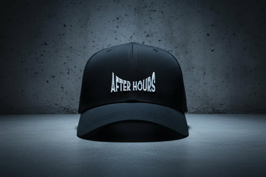 Black cap with 'After Hours' text embroidered on a grey background