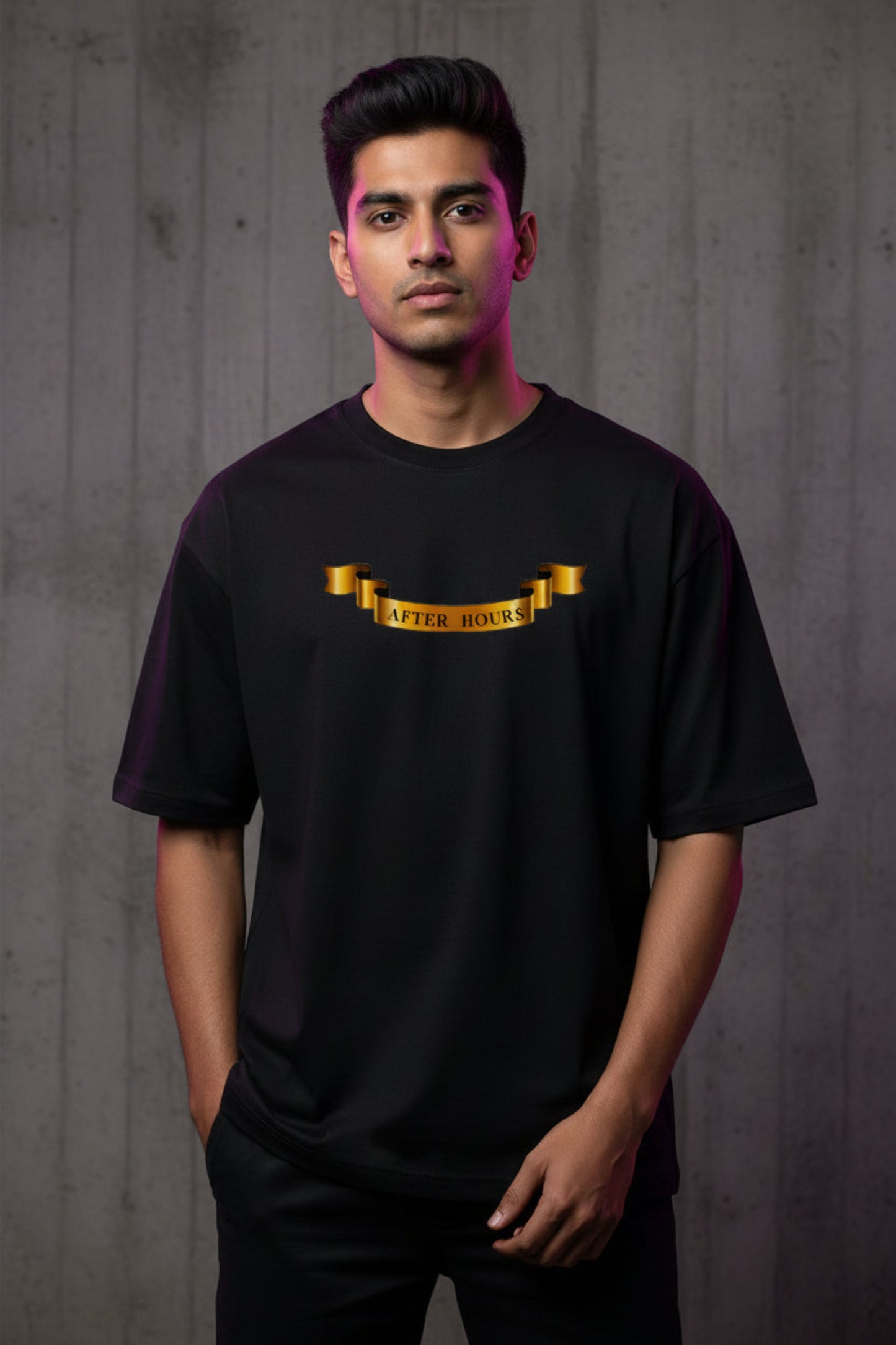 Black t-shirt with 'After Hours' text in gold on a grey background