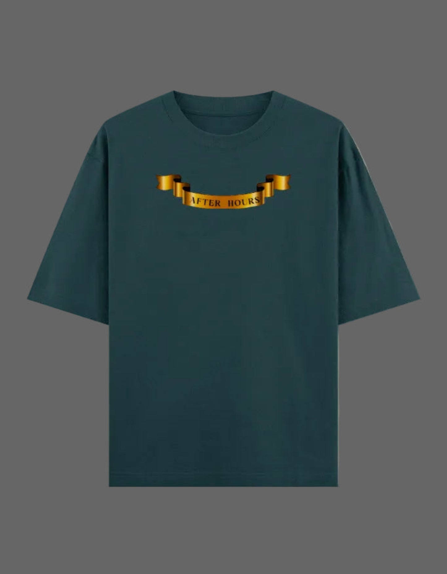 Petrol blue t-shirt with a gold banner design on a grey background