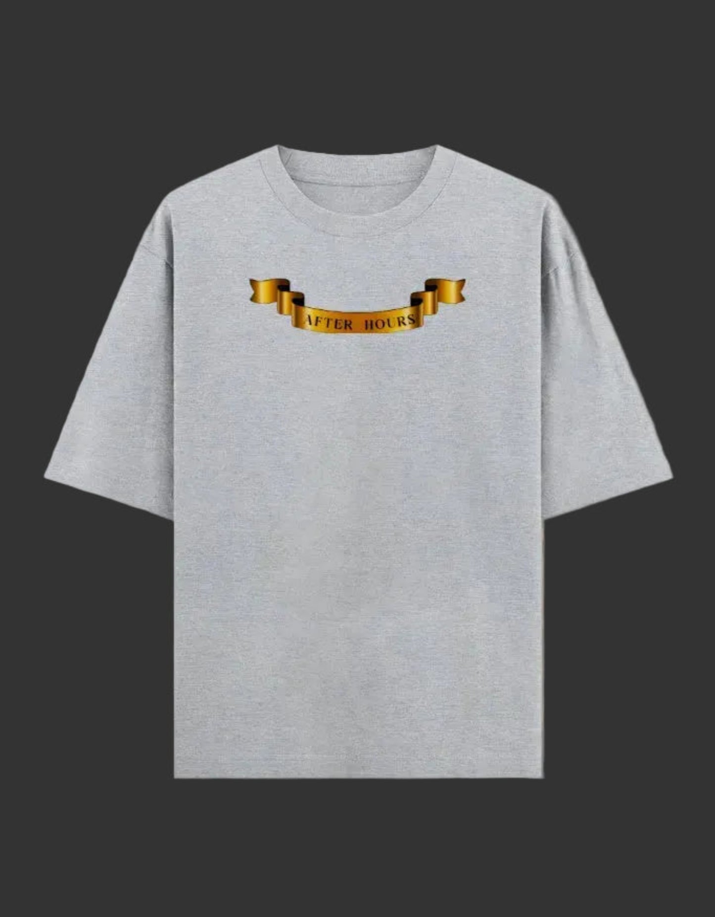 Grey t-shirt with a gold banner design on a grey background