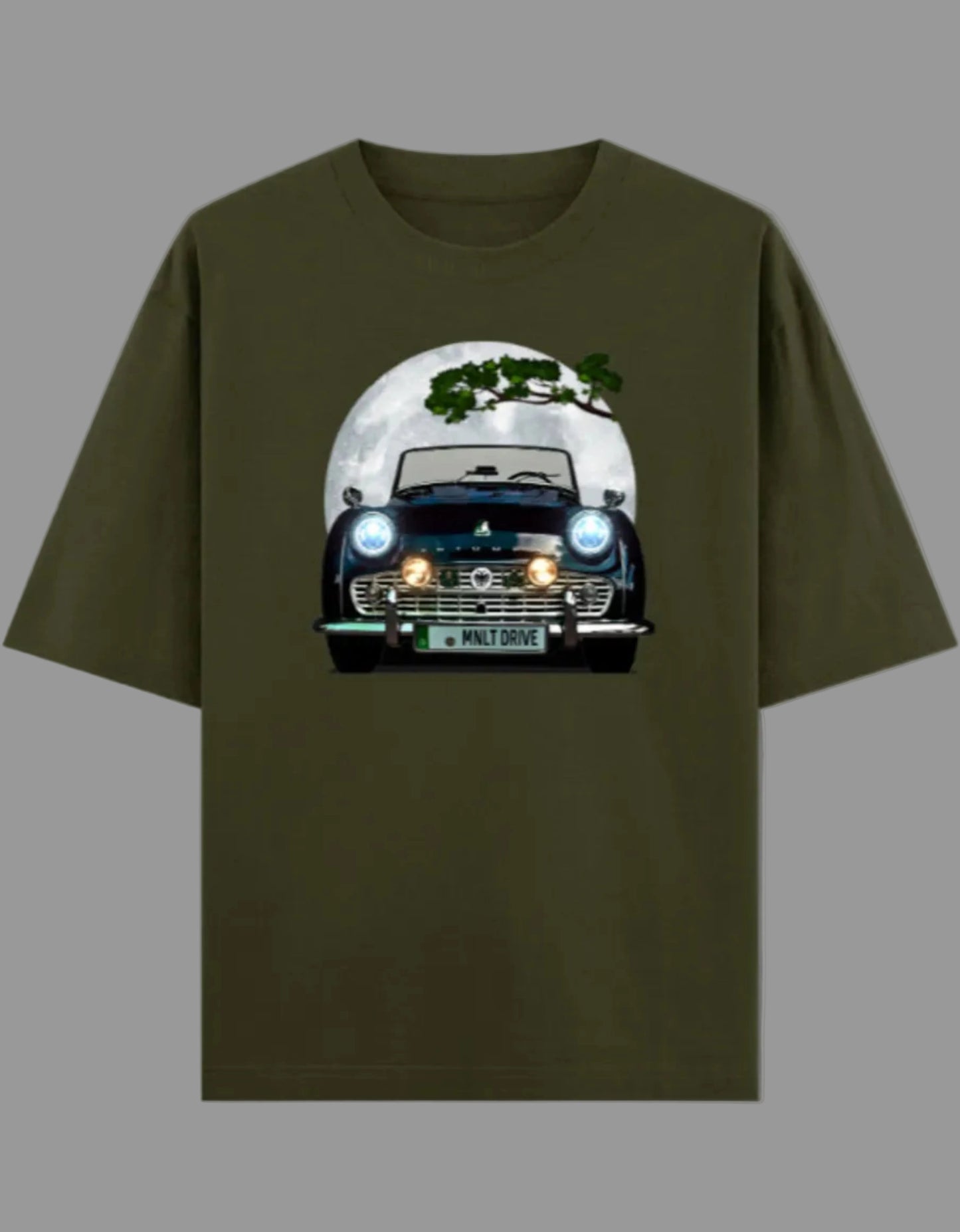 Green t-shirt with a car graphic on a gray background