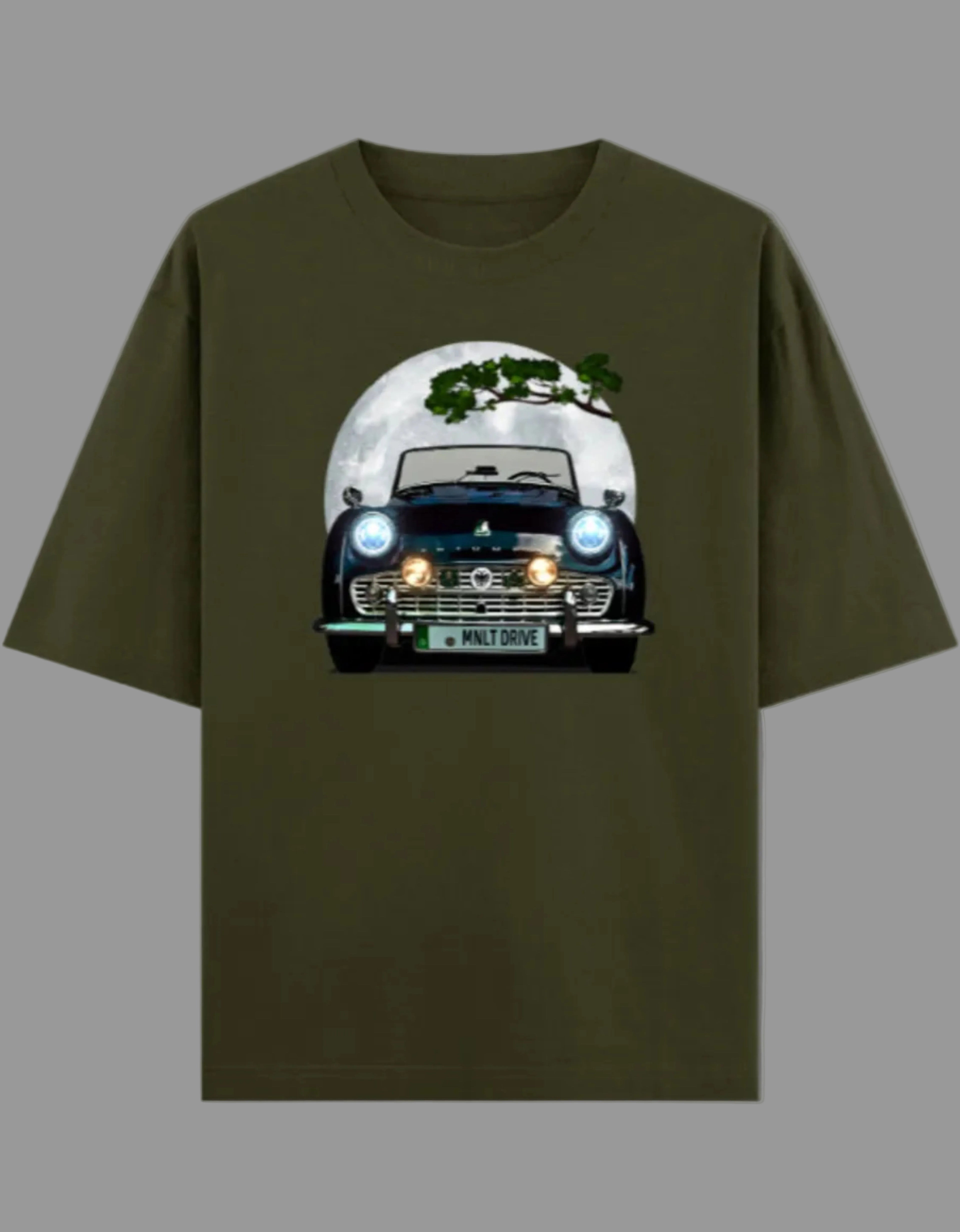 Green t-shirt with a car graphic on a gray background