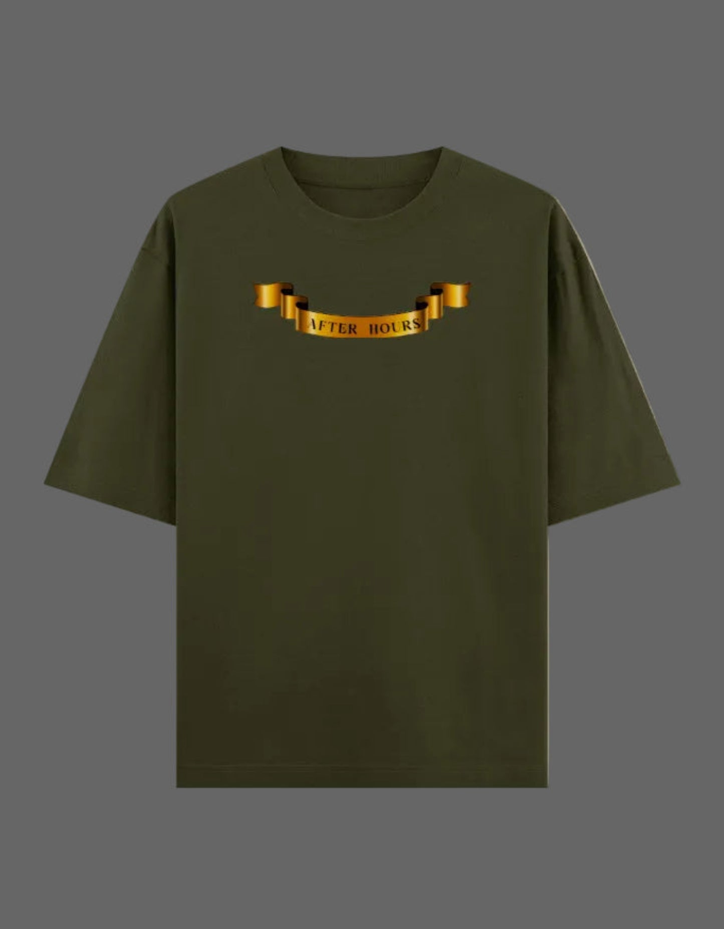 Olive green t-shirt with a golden banner on a grey background