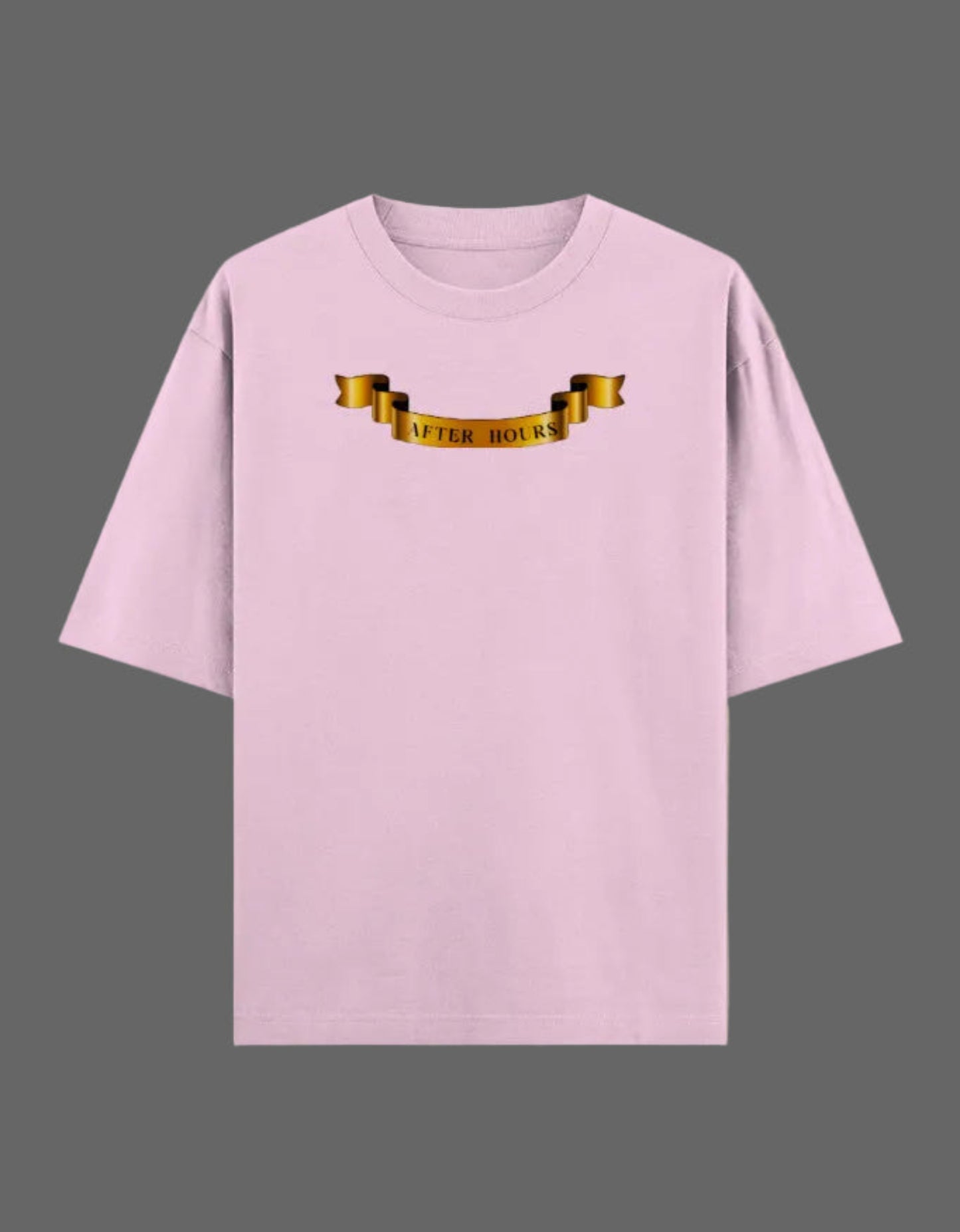 Pink t-shirt with gold ribbon design on a grey background