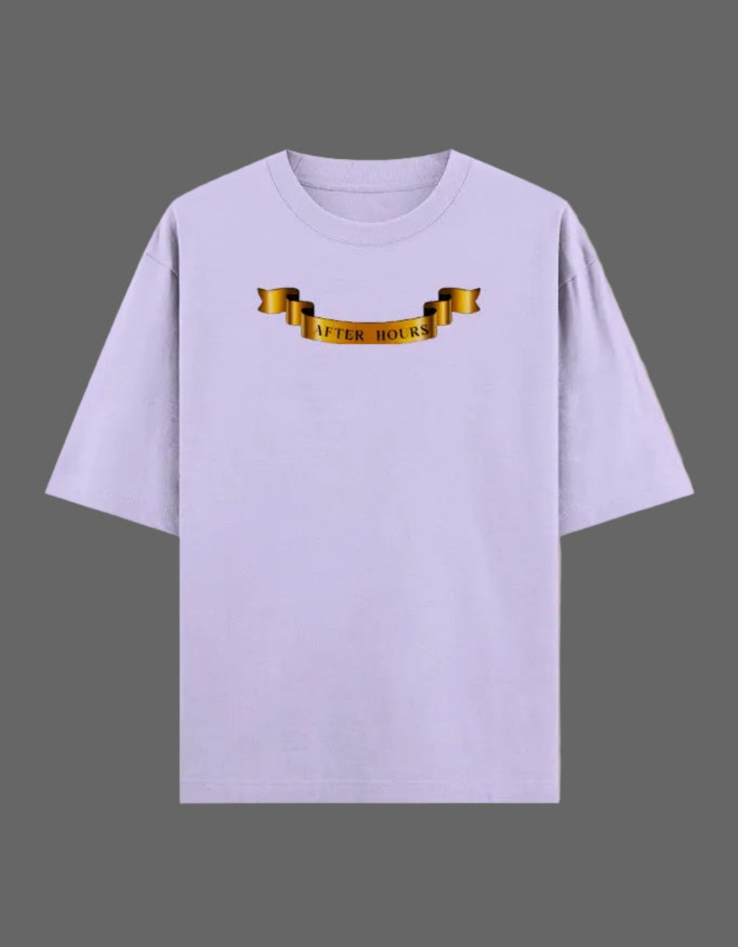 Lavender t-shirt with gold banner graphic on a grey background