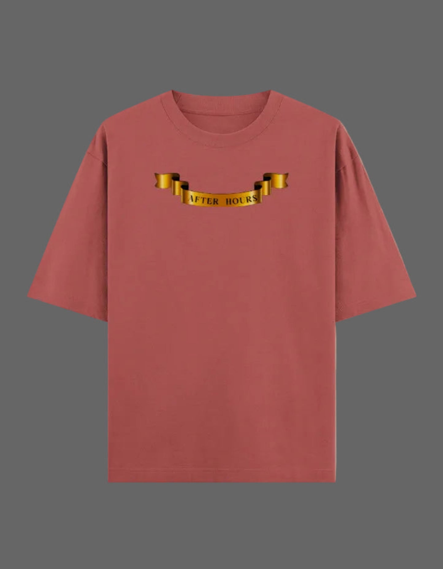 Coral coloured t-shirt with a gold banner on a grey background