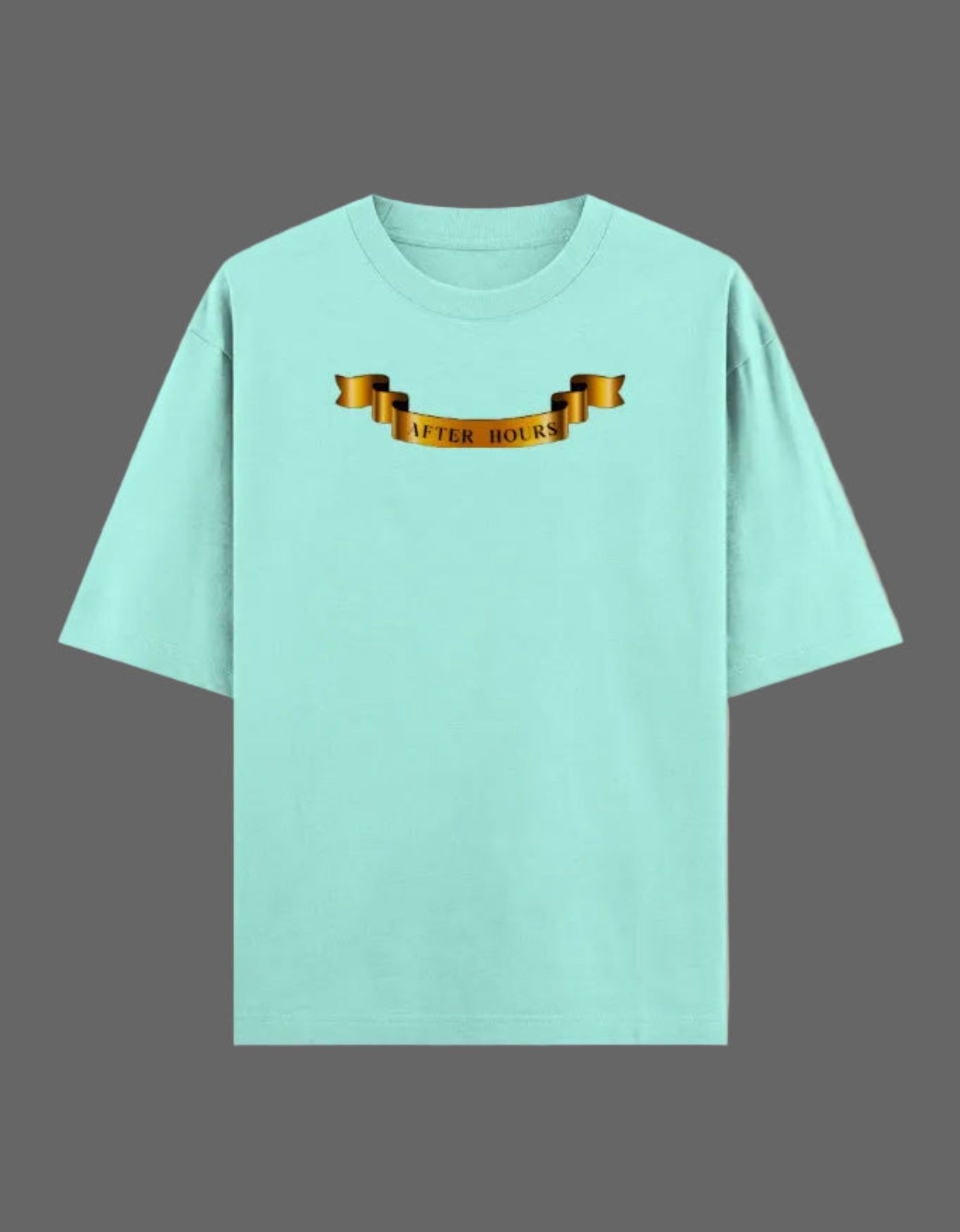 Mint blue t-shirt with a gold banner graphic on a grey background