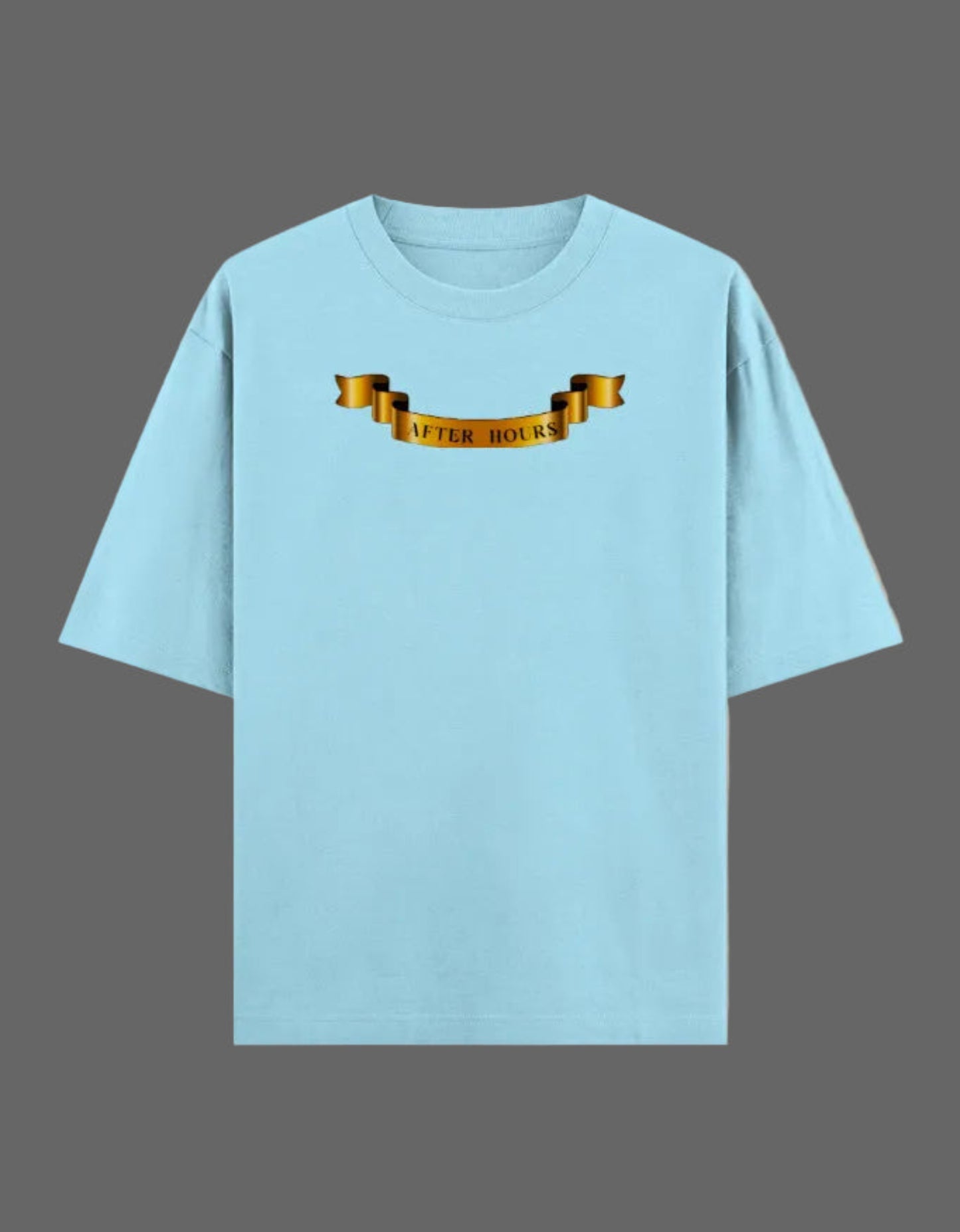 Baby blue t-shirt with a gold graphic on a grey background