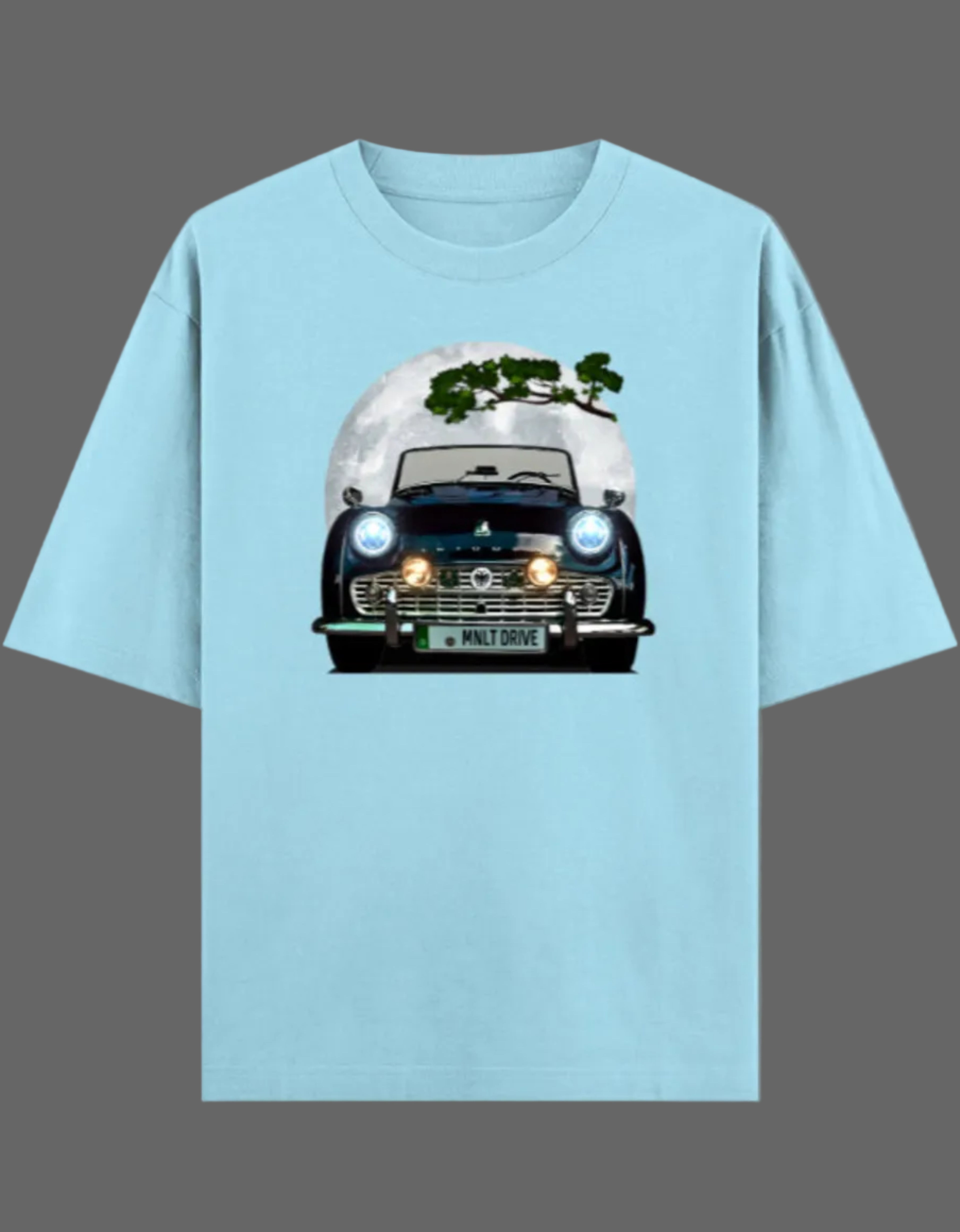 Light blue t-shirt with a graphic of a vintage car on a gray background