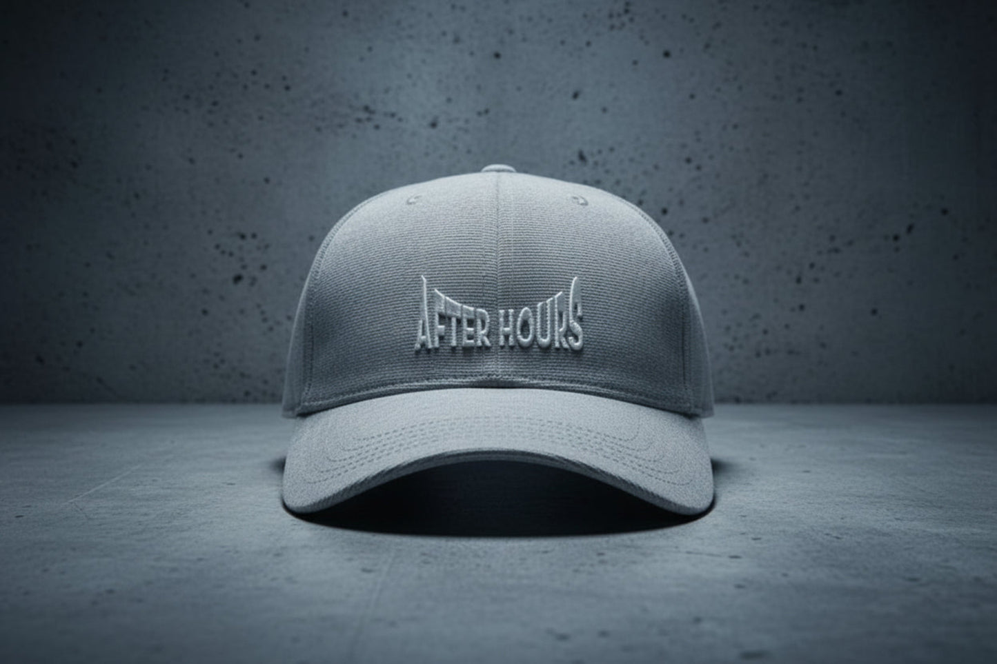 Grey cap with 'After Hours' text embroidered on a grey background