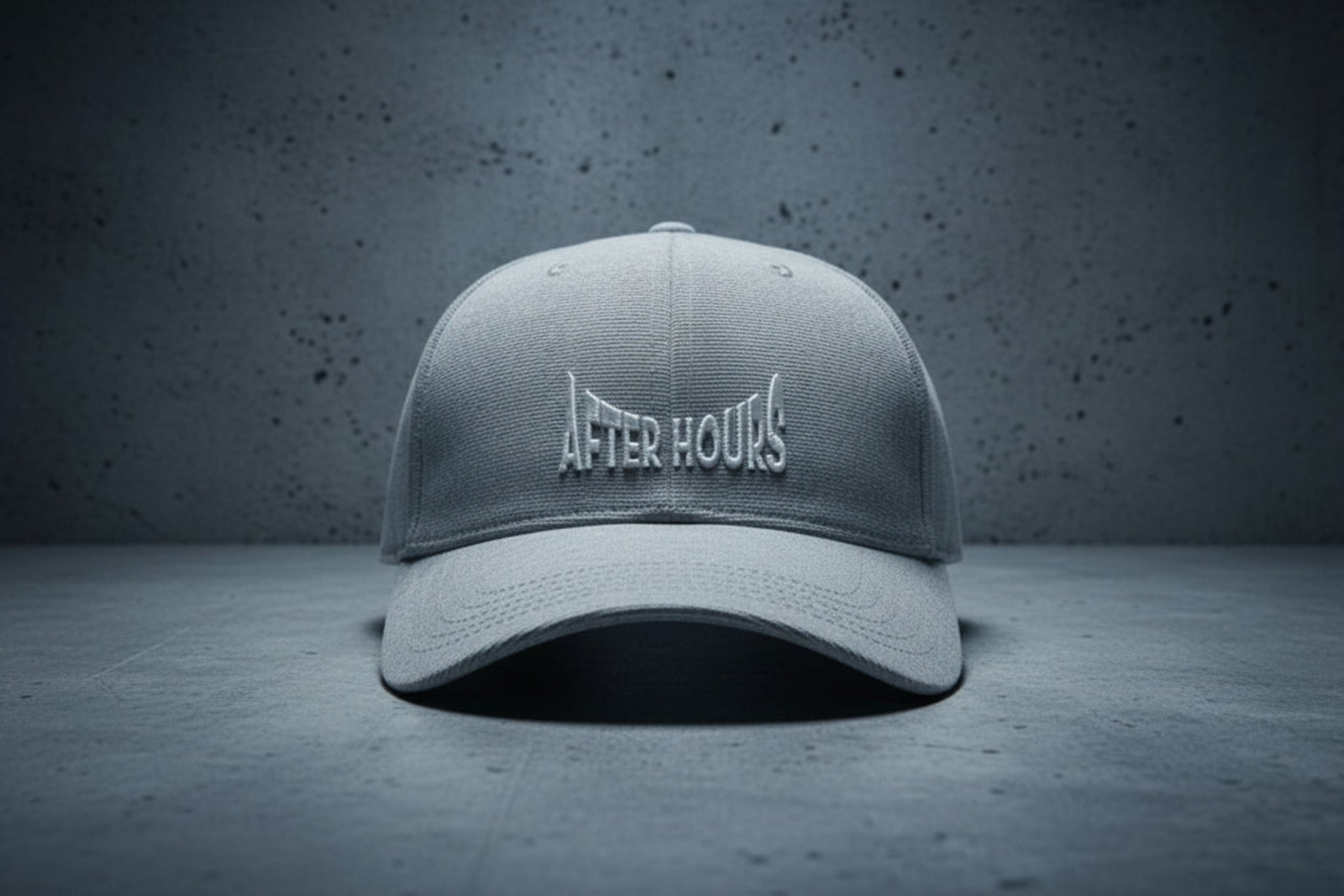 Grey cap with 'After Hours' text embroidered on a grey background