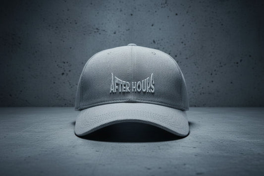 Grey cap with 'After Hours' text embroidered on a grey background
