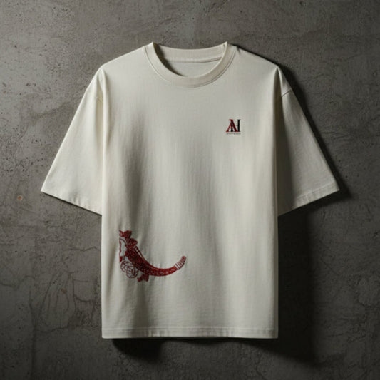 White t-shirt with red graphic design and logo on a dark background