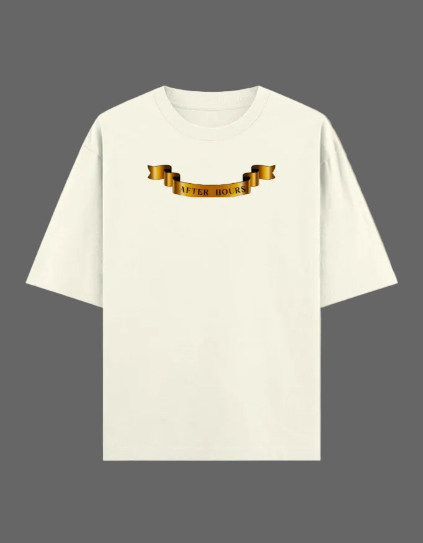 Off white t-shirt with gold graphic on a grey background