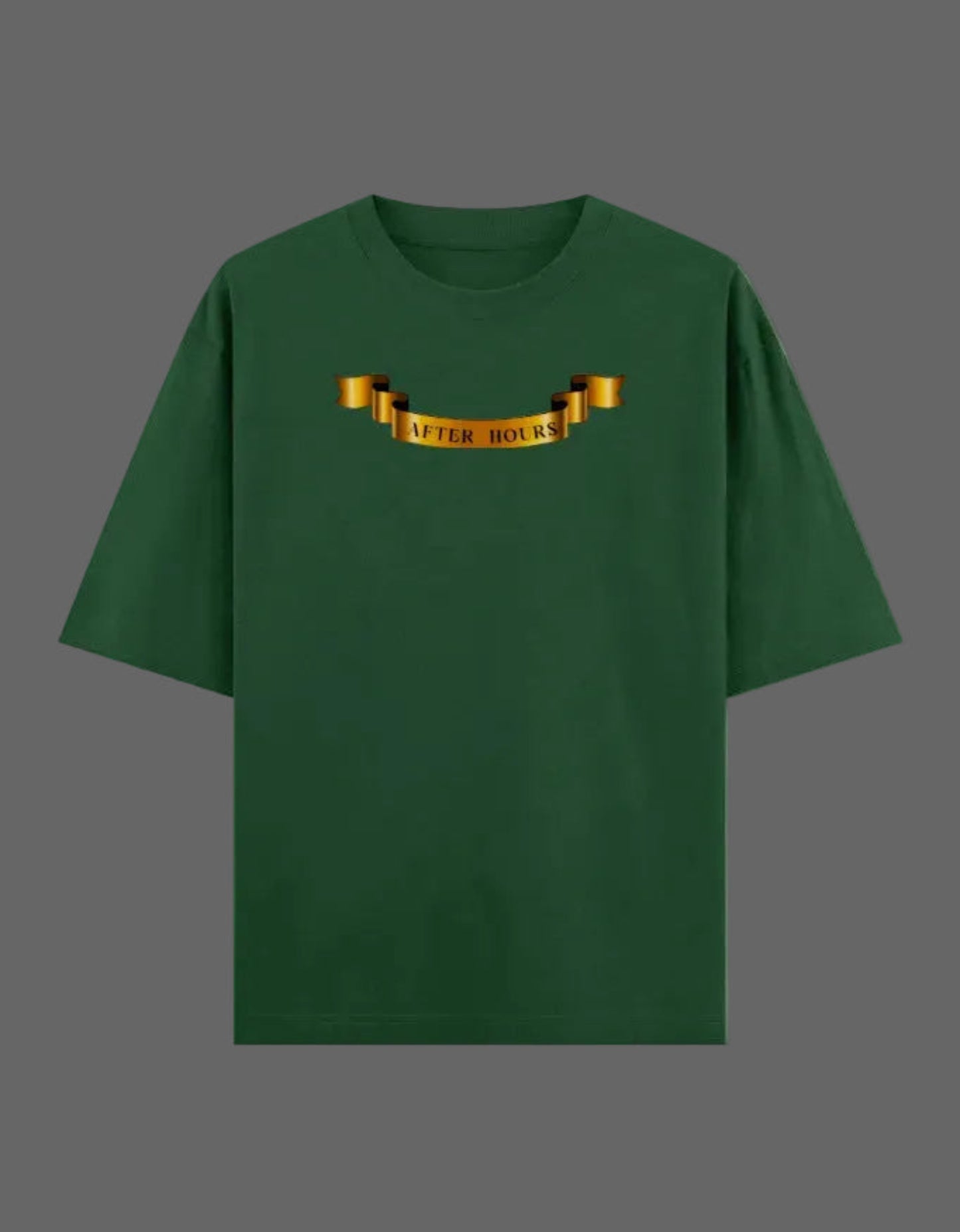 Bottle green t-shirt with a gold banner and text on a grey background