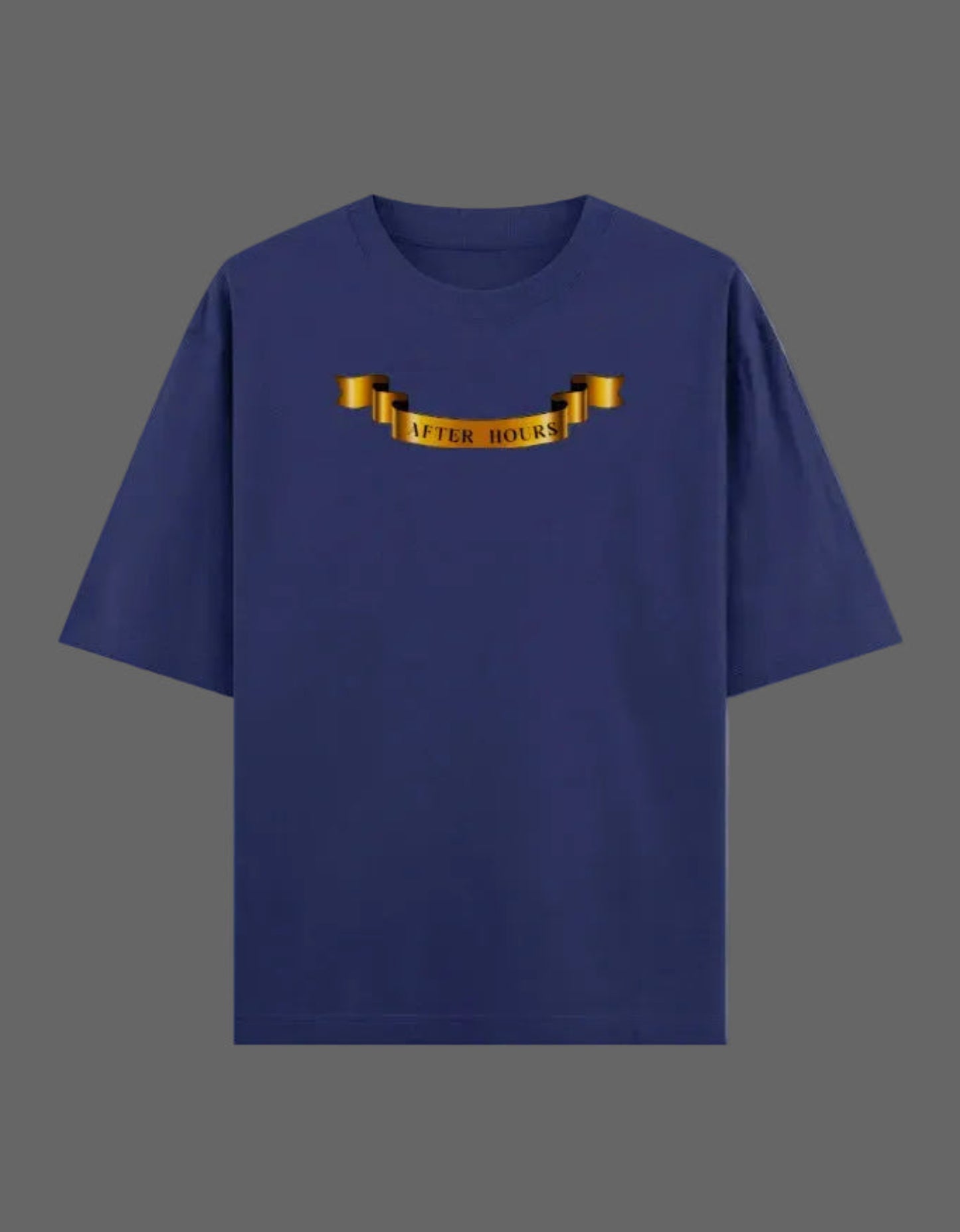 Royal blue t-shirt with gold banner on a grey background