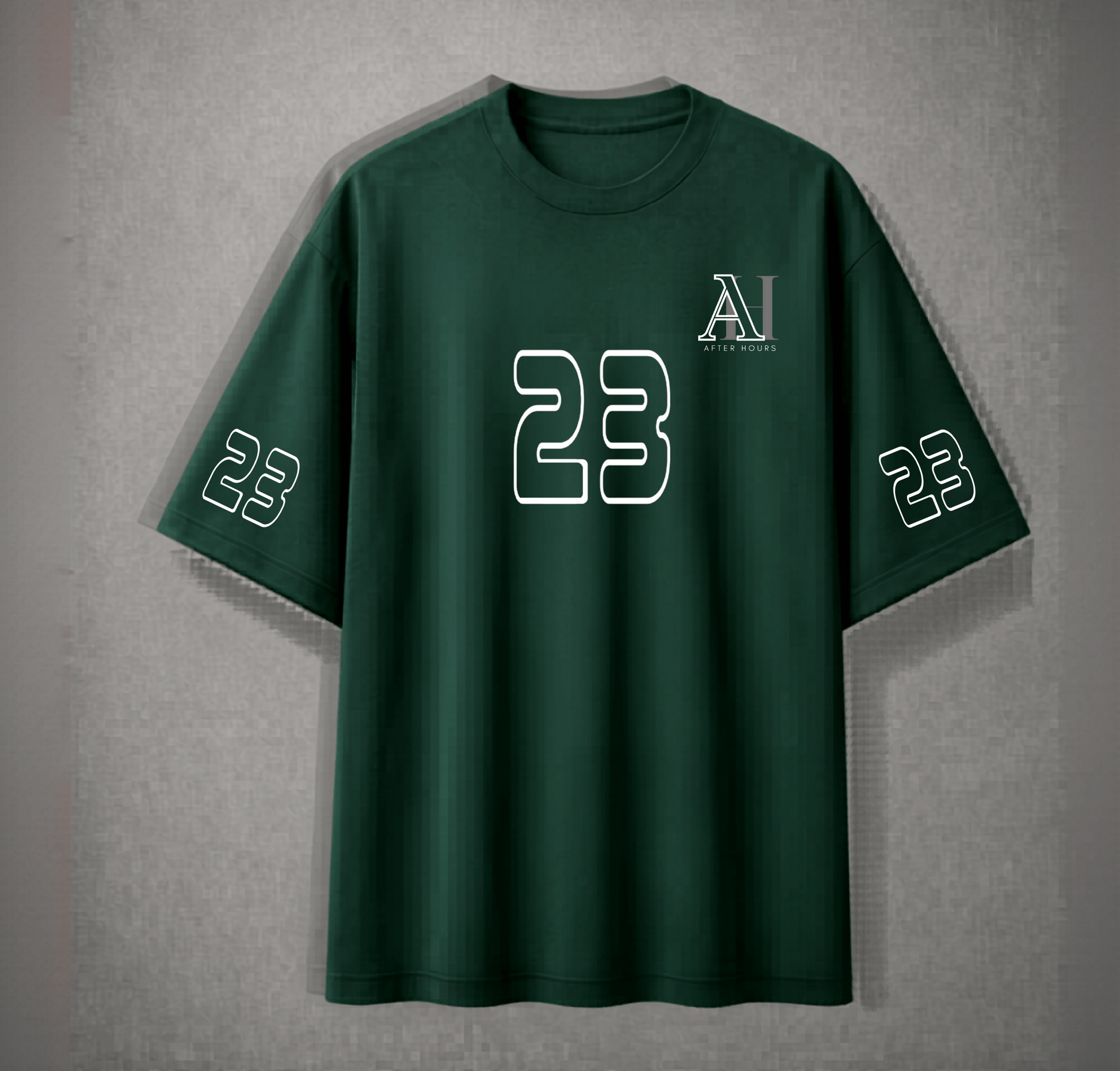 Green t-shirt with '23' and logo on a grey background