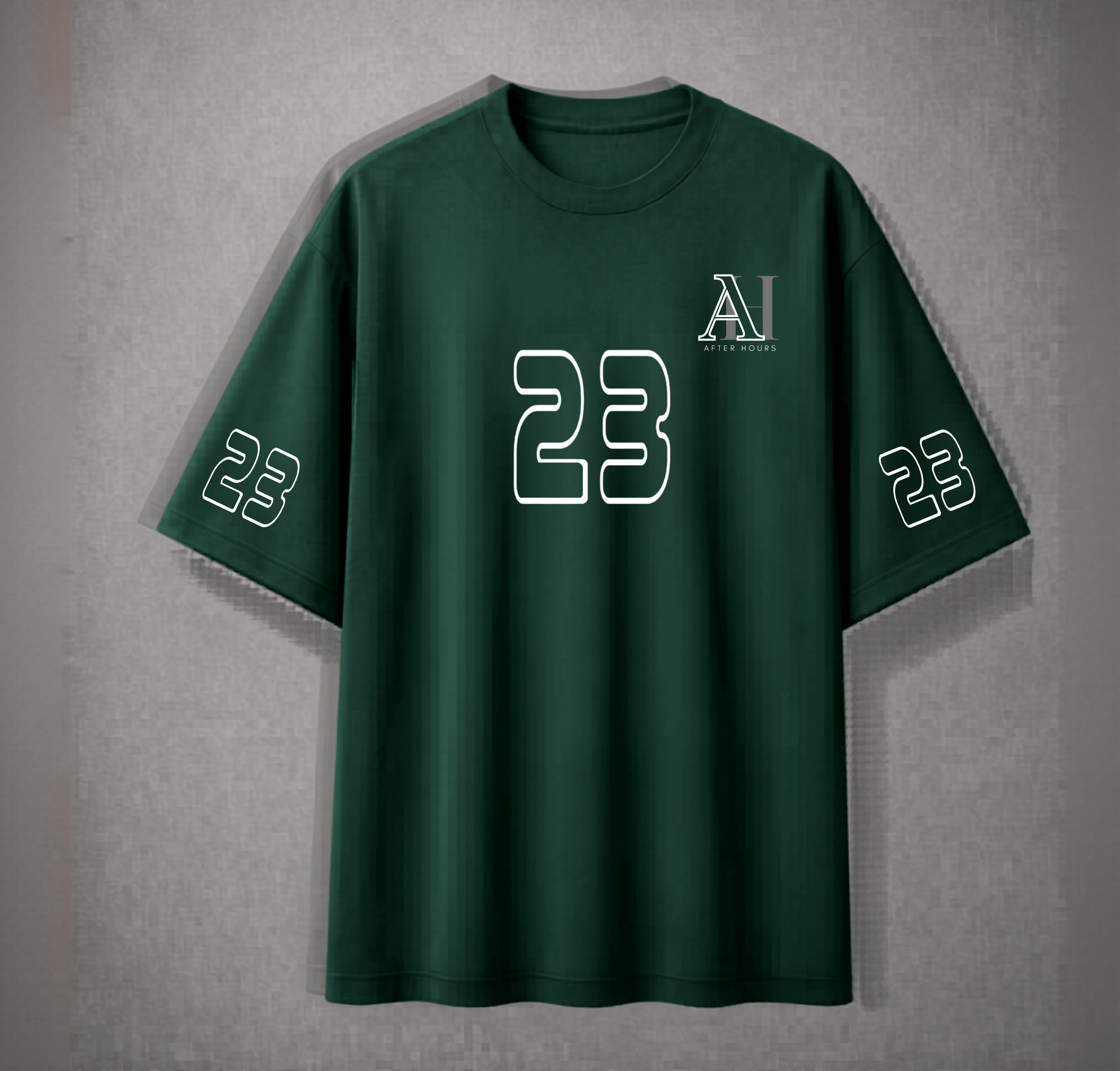 Green t-shirt with '23' and logo on a grey background