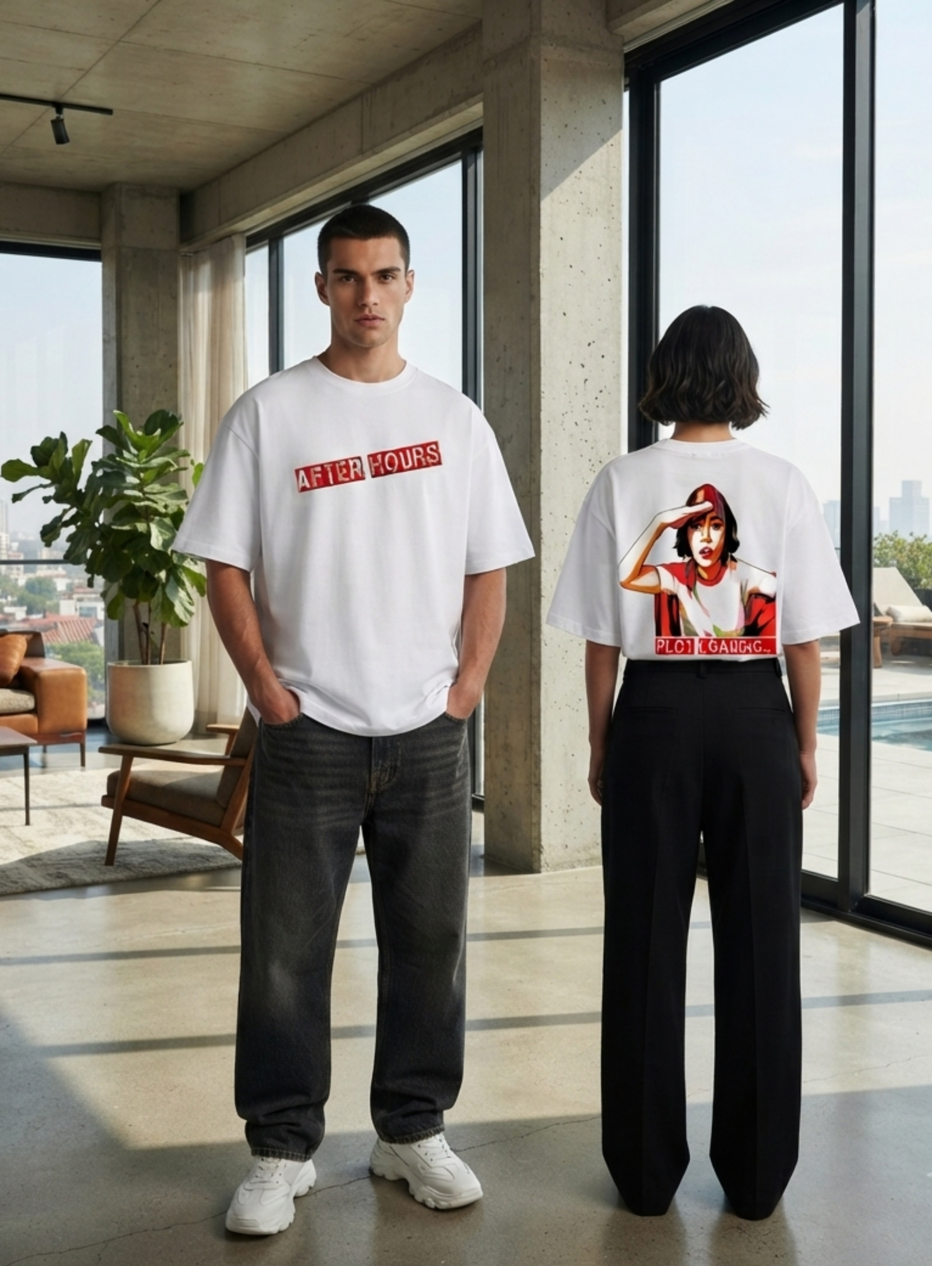 Two models in a modern loft-style room wearing white graphic t-shirts. The male model on the left shows the front of a white t-shirt with red text reading 'AFTER HOURS'.