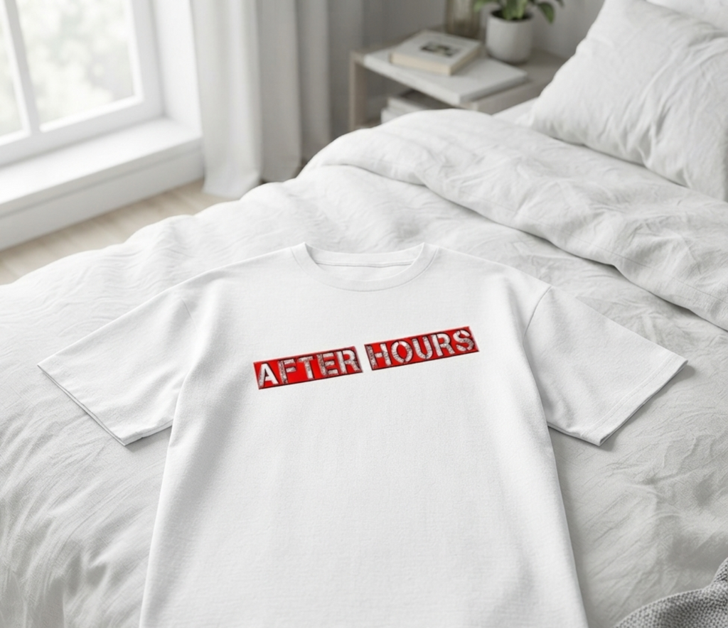 A white short-sleeve T-shirt laid flat on a bed with white bedding and a gray blanket. The shirt has a red rectangular chest graphic reading “AFTER HOURS” in white block letters.