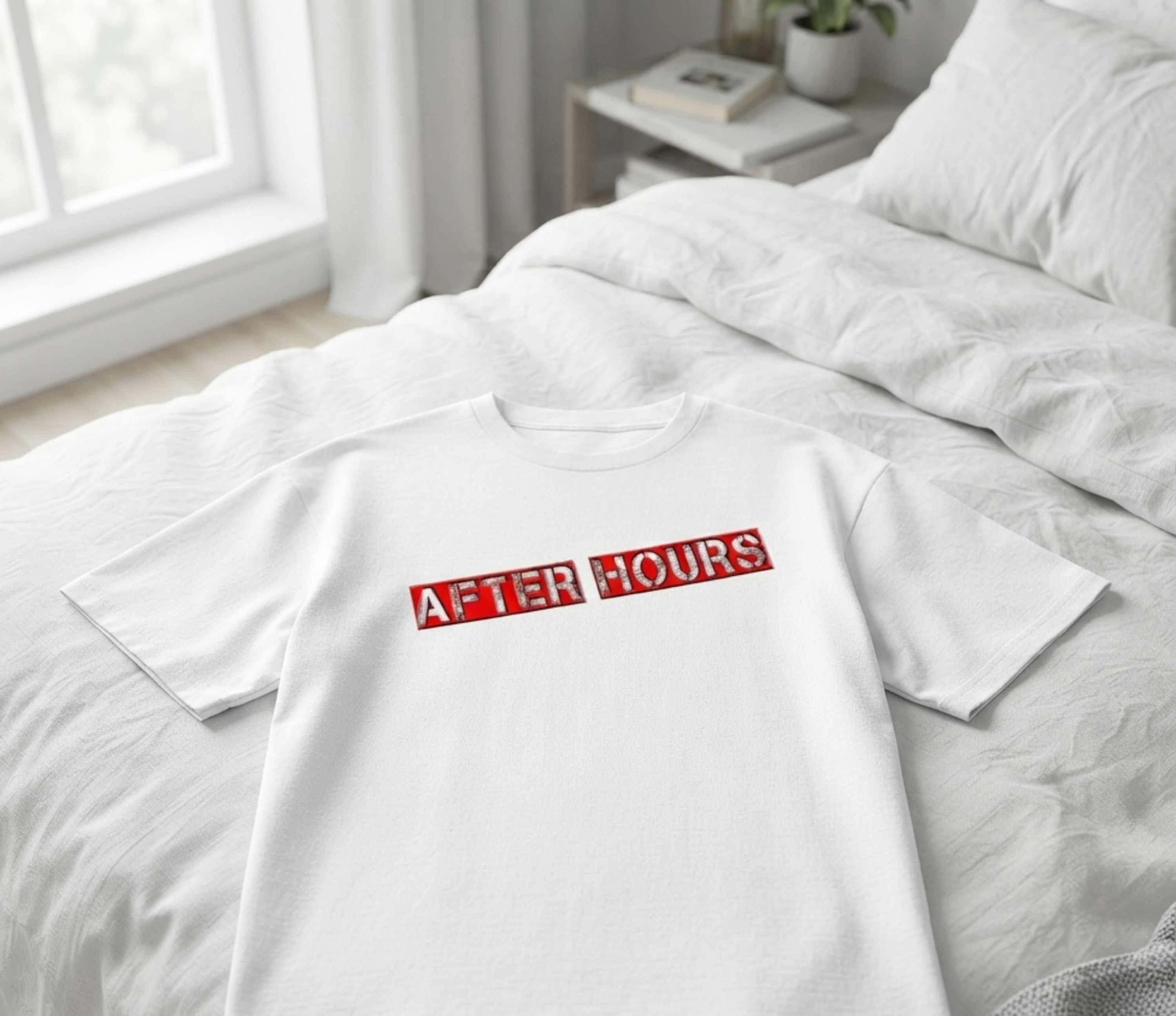 A white short-sleeve T-shirt laid flat on a bed with white bedding and a gray blanket. The shirt has a red rectangular chest graphic reading “AFTER HOURS” in white block letters.