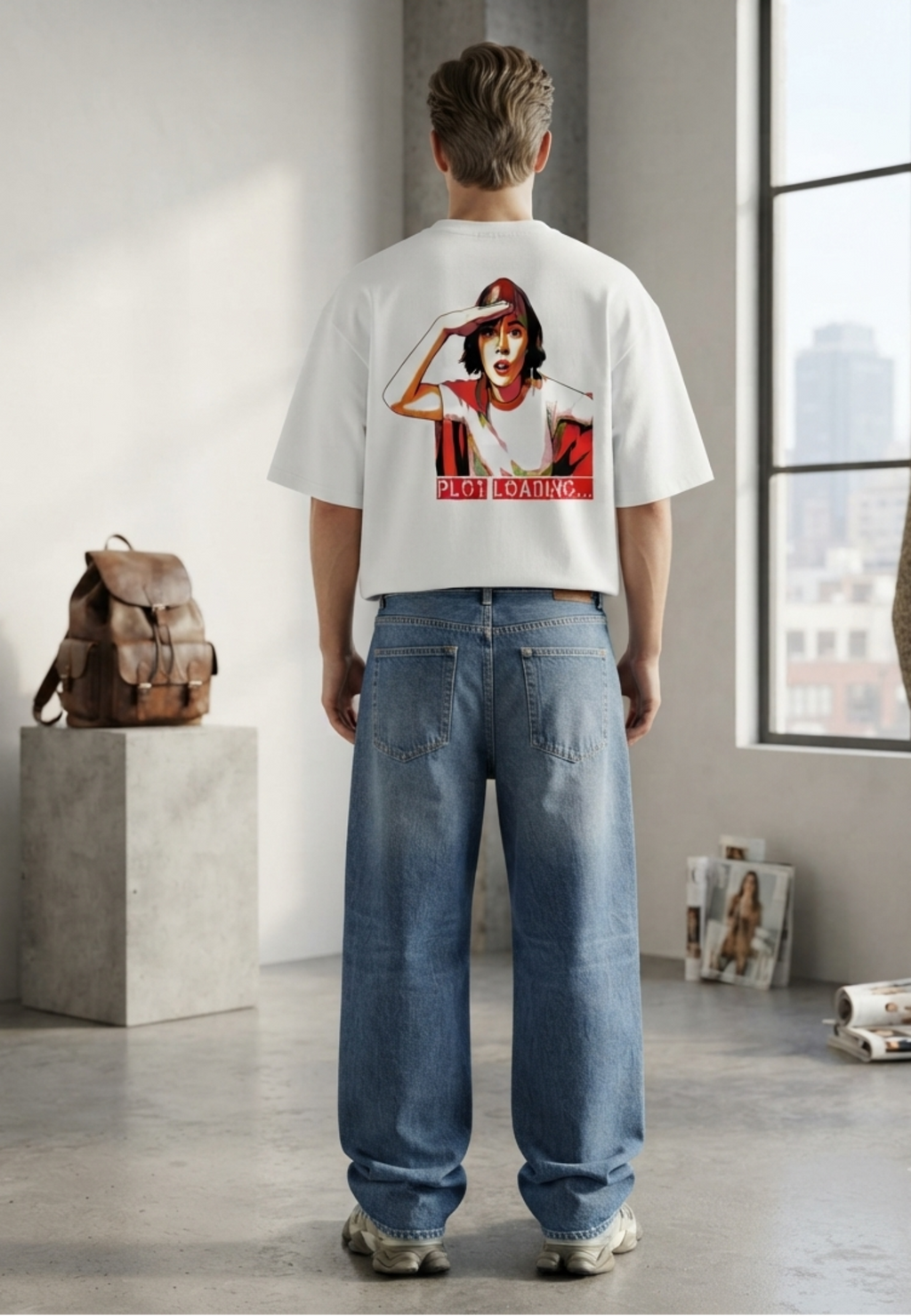 A man stands with his back to the camera wearing a white graphic t-shirt with a red and black print, blue jeans, and sneakers in a minimalist studio setting.