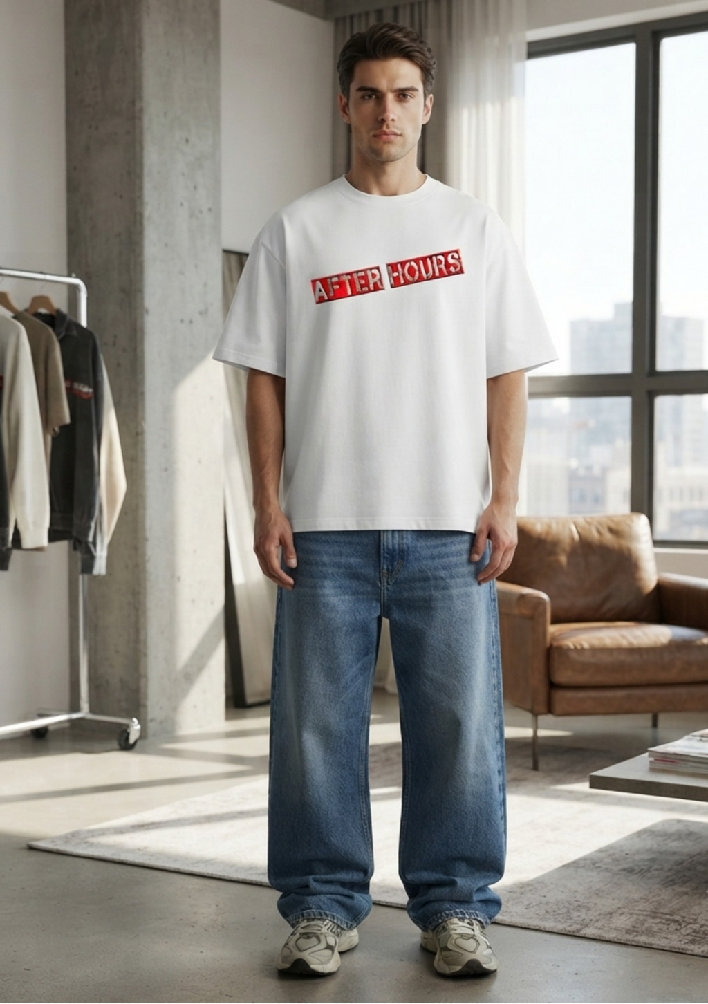 A man modeling an oversized white t-shirt with a red graphic text print that reads 'AFTER HOURS', paired with wide-leg blue jeans and sneakers, standing in a modern, sunlit loft room.