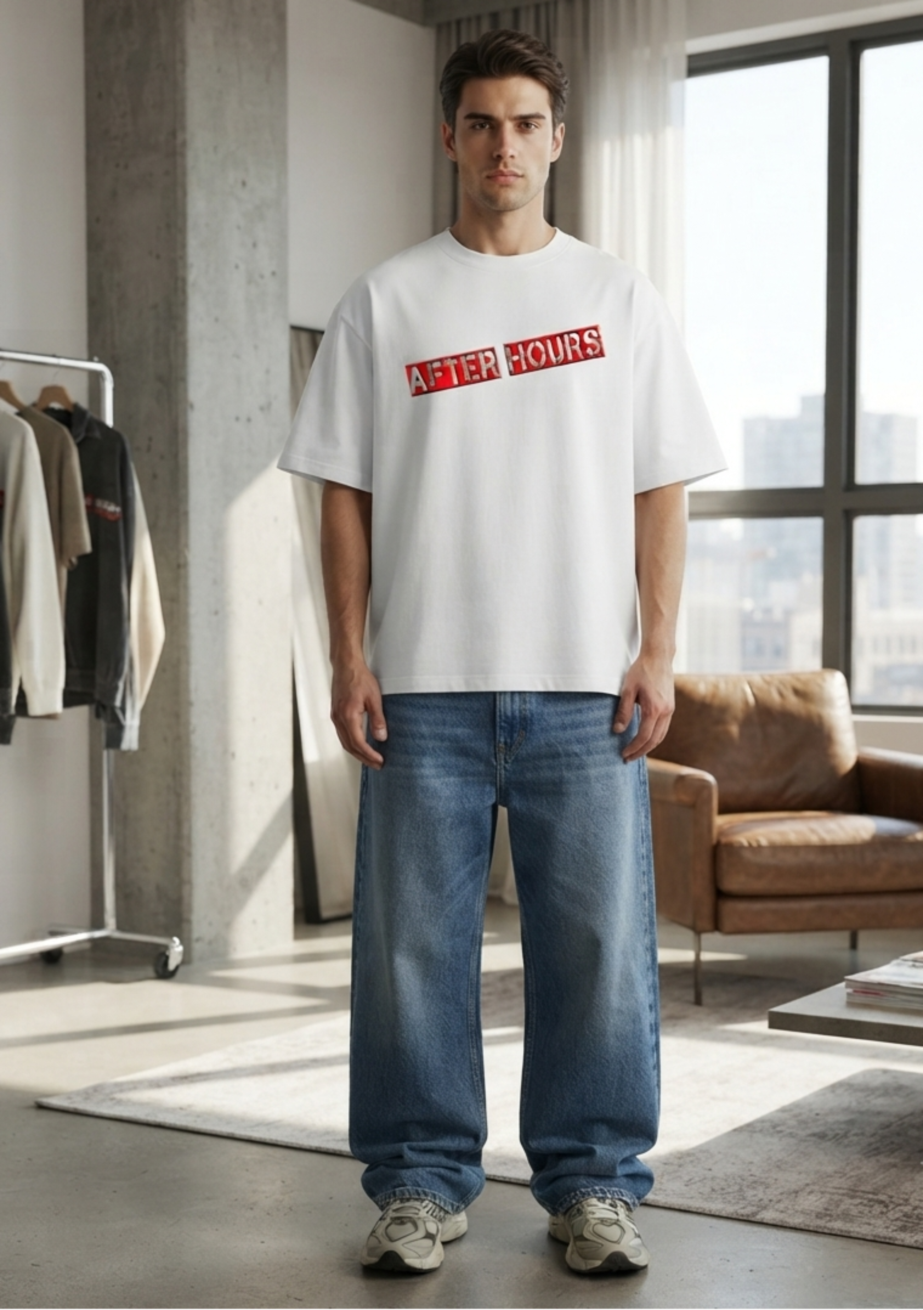 A man modeling an oversized white t-shirt with a red graphic text print that reads 'AFTER HOURS', paired with wide-leg blue jeans and sneakers, standing in a modern, sunlit loft room.