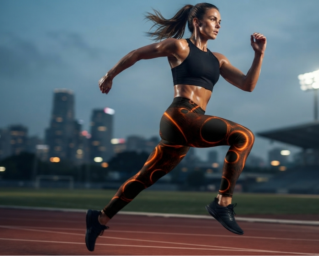 A female athlete in a black sports bra and orange-and-black patterned leggings runs on a track during dusk, with stadium lights and city buildings blurred in the background.