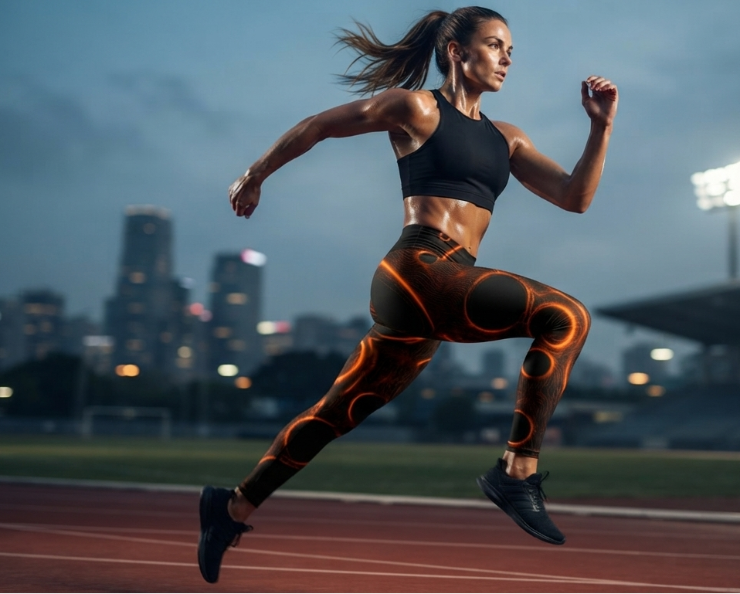 A female athlete in a black sports bra and orange-and-black patterned leggings runs on a track during dusk, with stadium lights and city buildings blurred in the background.