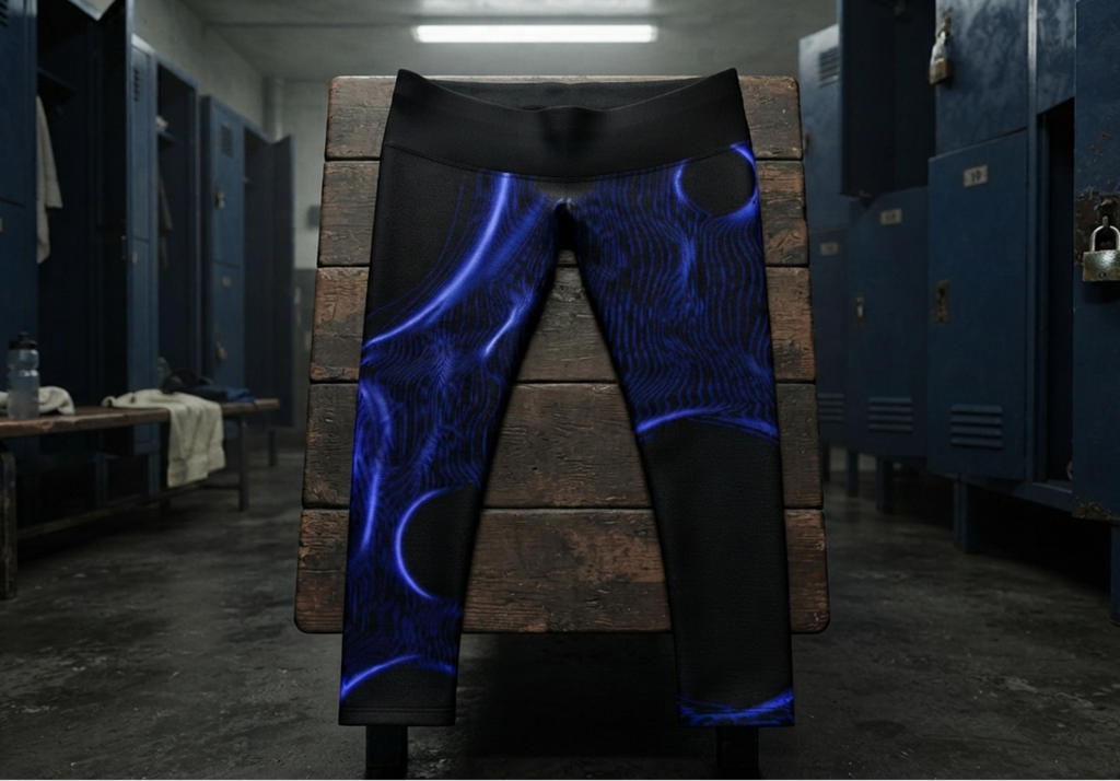 Black athletic leggings with a glowing blue abstract circuit or wave pattern, displayed on a wooden stand in a dark locker room.