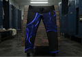Black athletic leggings with a glowing blue abstract circuit or wave pattern, displayed on a wooden stand in a dark locker room.