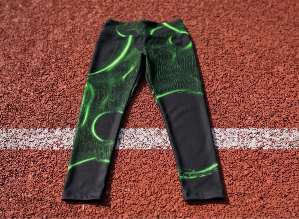Black athletic leggings with a vibrant green abstract pattern, laid flat on a red running track with a white line.