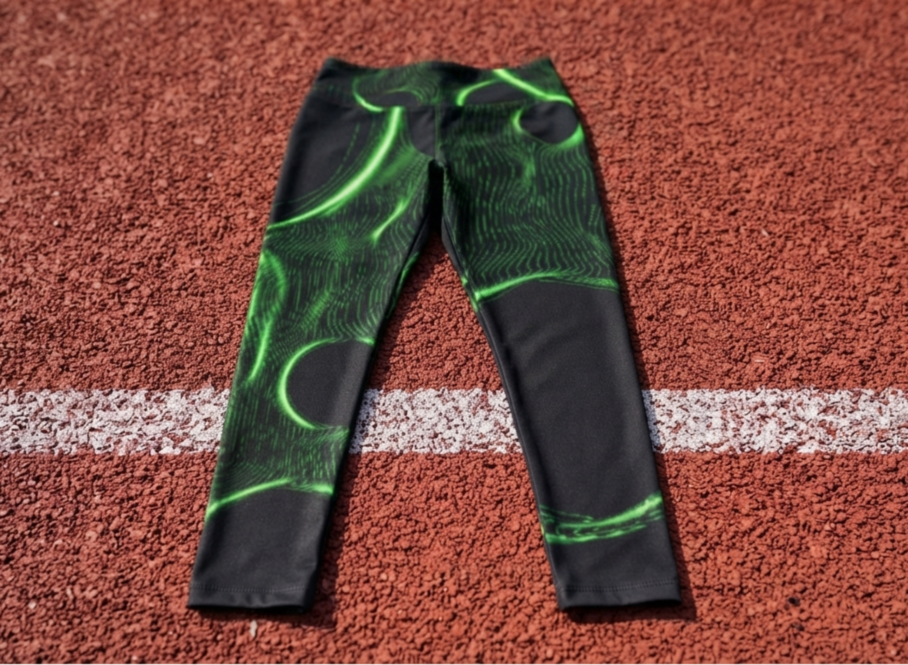 Black athletic leggings with a vibrant green abstract pattern, laid flat on a red running track with a white line.