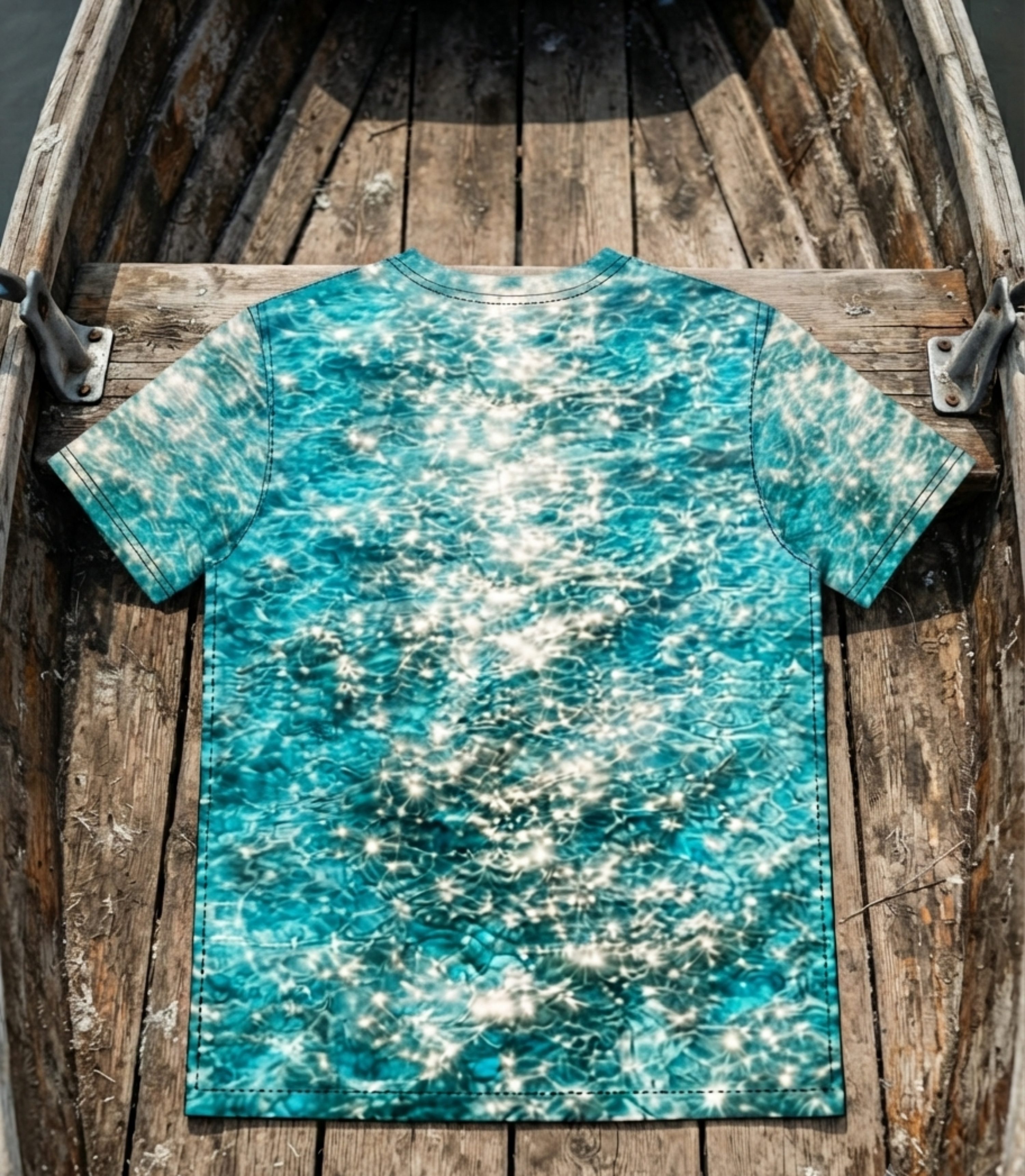 A short-sleeve crewneck t-shirt with a vibrant turquoise and teal water ripple print, laid flat on the wooden planks of a boat.