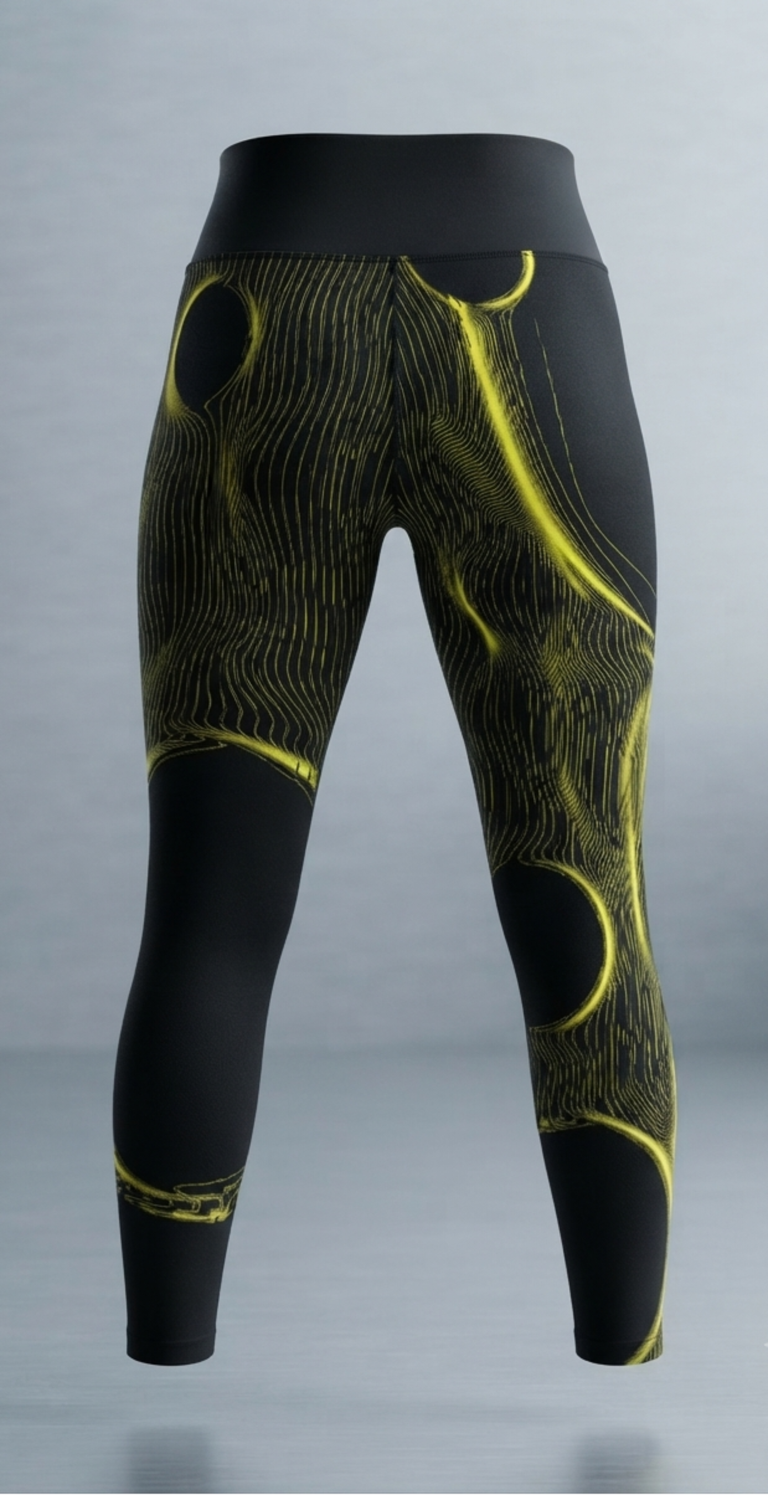 Black high-waisted leggings with a glowing neon yellow abstract line pattern, shown on a ghost mannequin against a gray studio background.